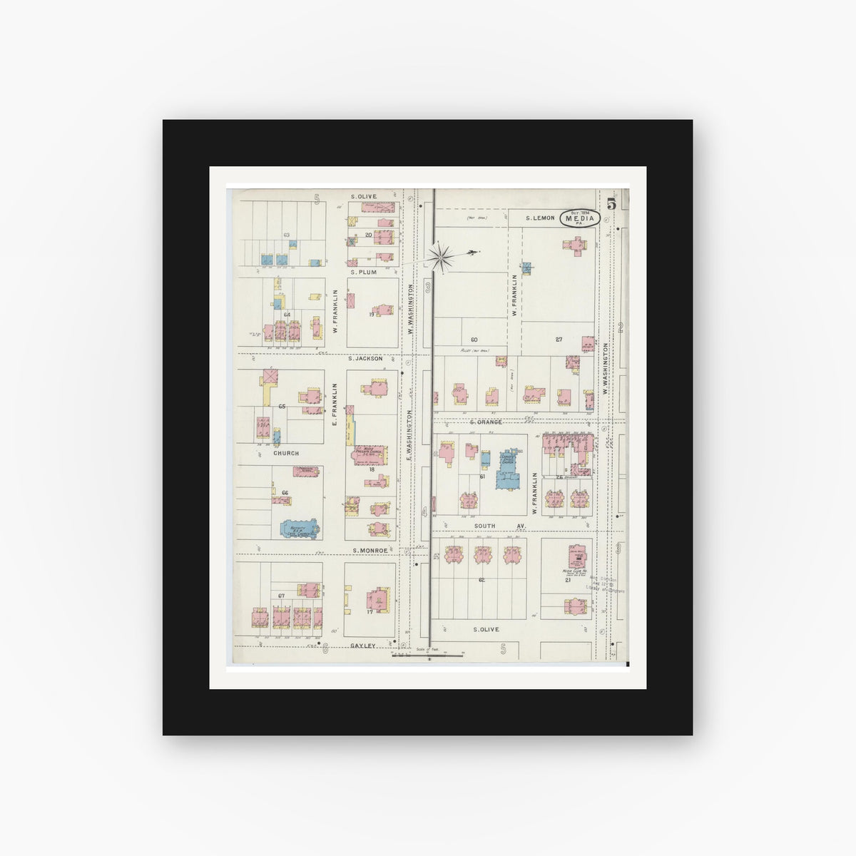 Old map wall art mockup — black gallery frame with white mat — Sanborn Fire Insurance Map from Media, Delaware County, Pennsylvania (1894), Sheet #0005