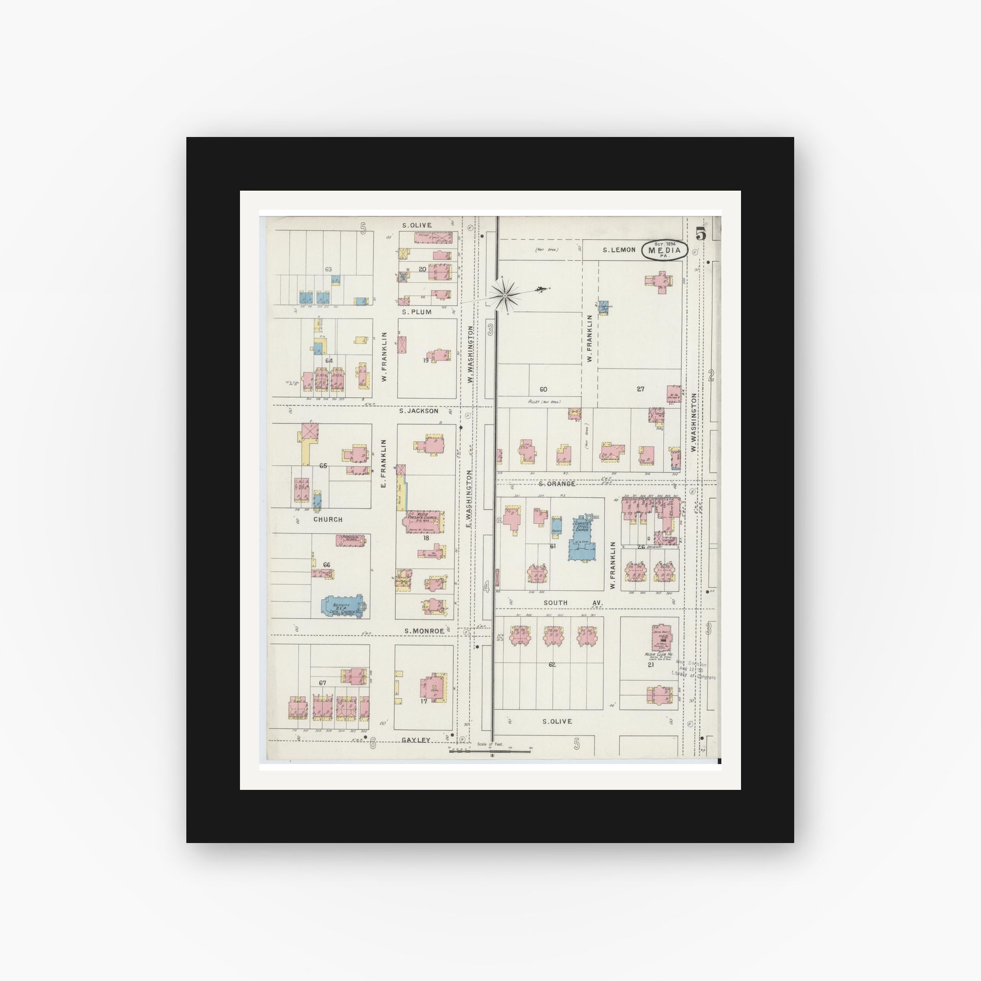 Old map wall art mockup — black gallery frame with white mat — Sanborn Fire Insurance Map from Media, Delaware County, Pennsylvania (1894), Sheet #0005