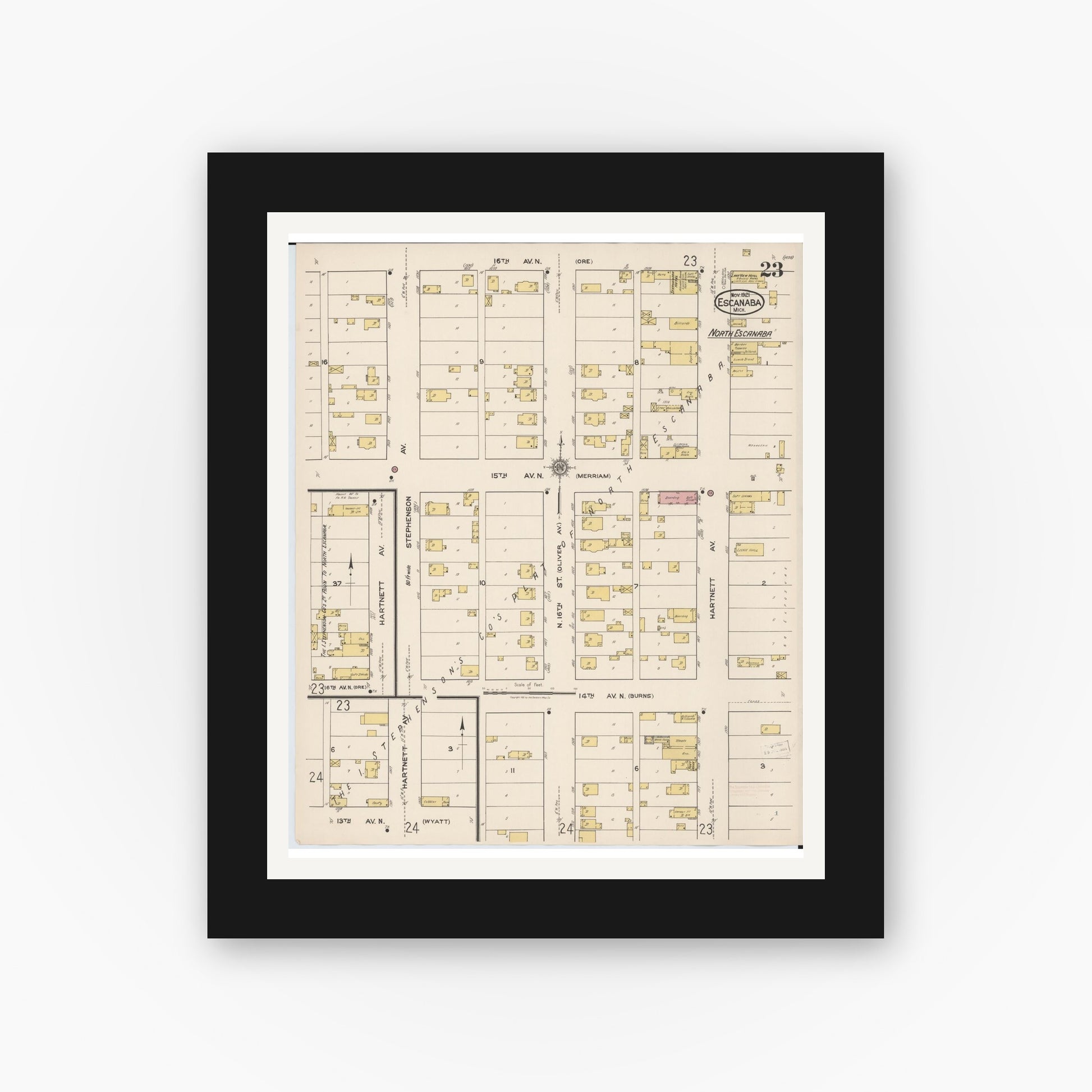 Old map wall art mockup — black gallery frame with white mat — Sanborn Fire Insurance Map from Escanaba, Delta County, Michigan (1921), Sheet #0023