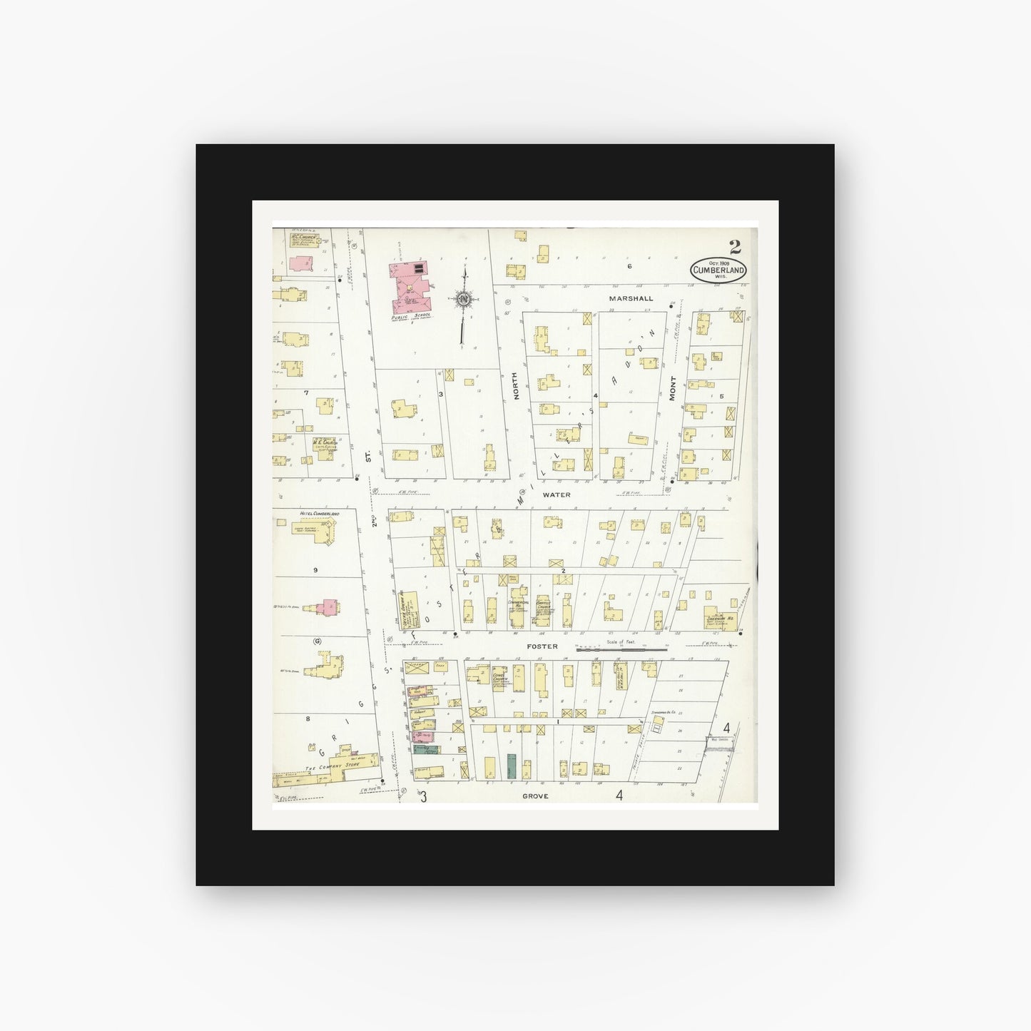 Old map wall art mockup — black gallery frame with white mat — Sanborn Fire Insurance Map from Cumberland, Barron County, Wisconsin (1909), Sheet #0002