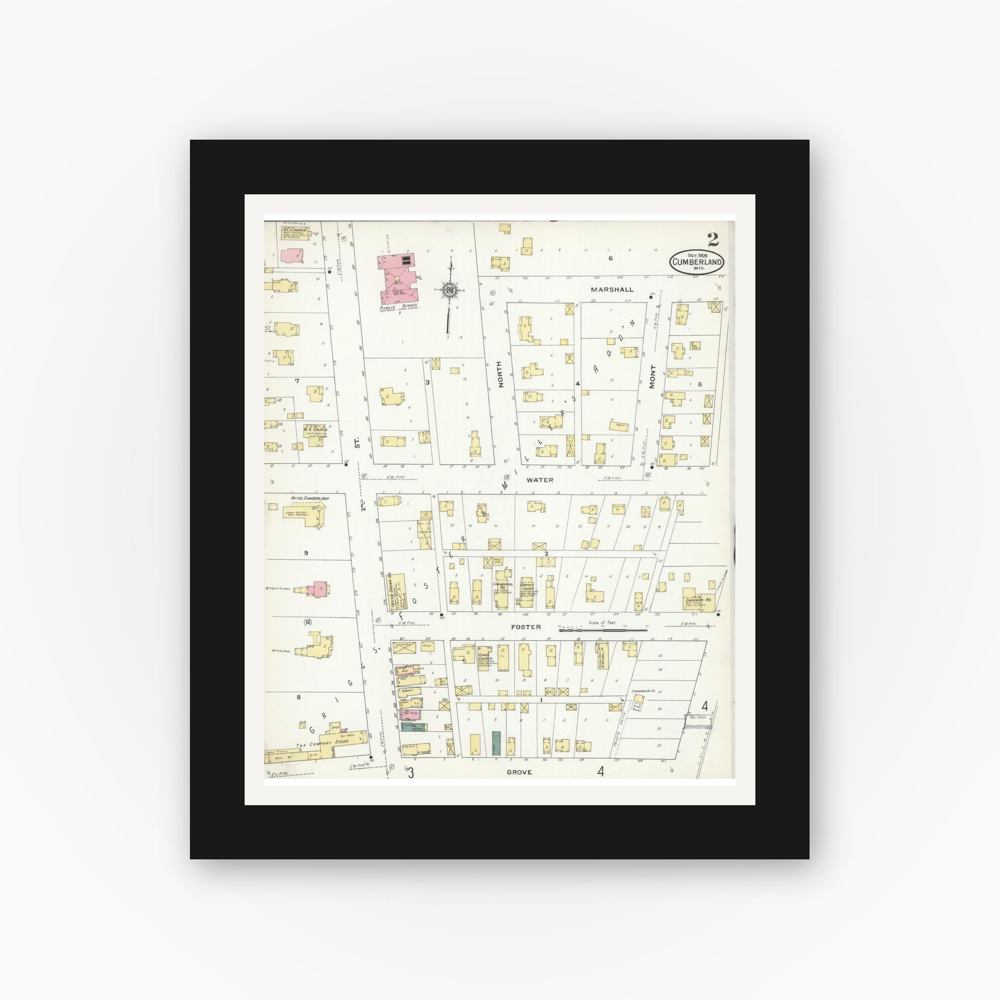 Old map wall art mockup — black gallery frame with white mat — Sanborn Fire Insurance Map from Cumberland, Barron County, Wisconsin (1909), Sheet #0002