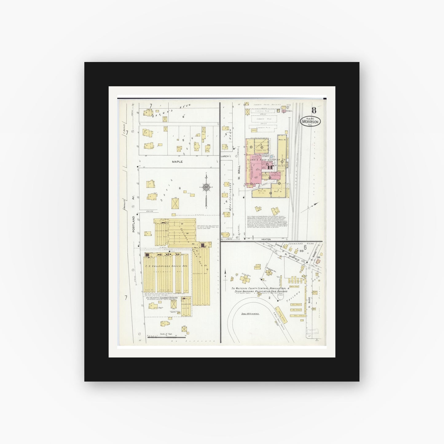 Old map wall art mockup — black gallery frame with white mat — Sanborn Fire Insurance Map from Morrison, Whiteside County, Illinois (1912), Sheet #0008