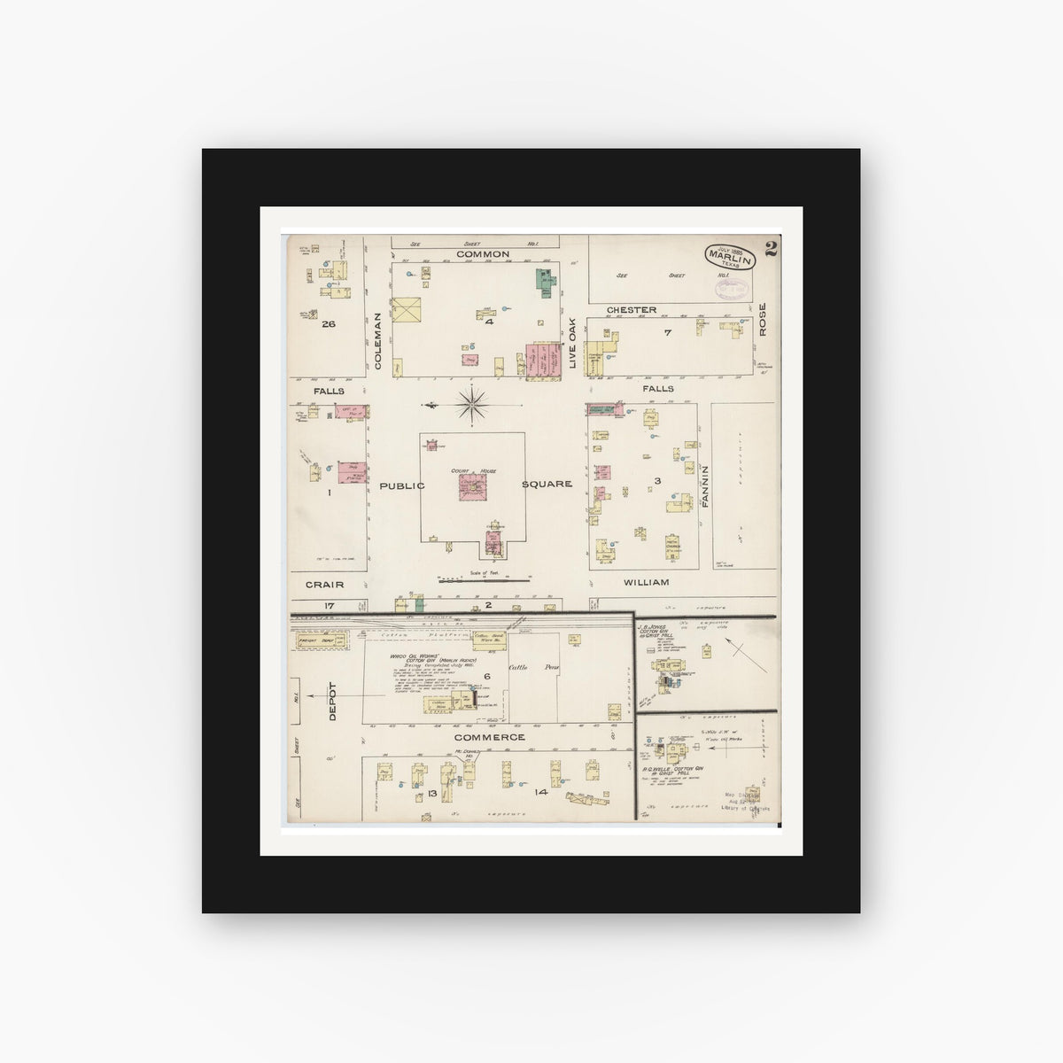 Old map wall art mockup — black gallery frame with white mat — Sanborn Fire Insurance Map from Marlin, Falls County, Texas (1885), Sheet #0002