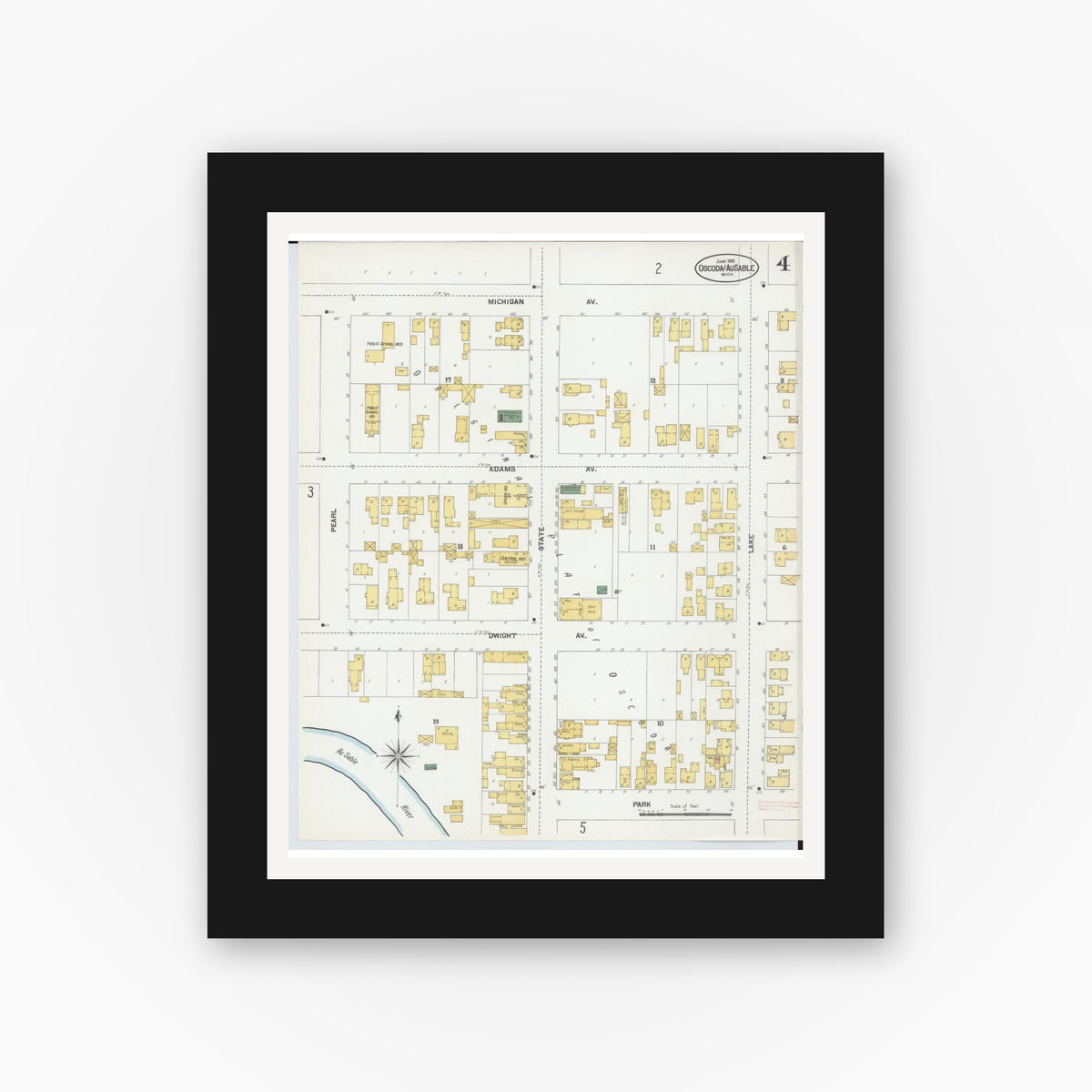 Old map wall art mockup — black gallery frame with white mat — Sanborn Fire Insurance Map from Oscoda, Iosco County, Michigan (1901), Sheet #0004