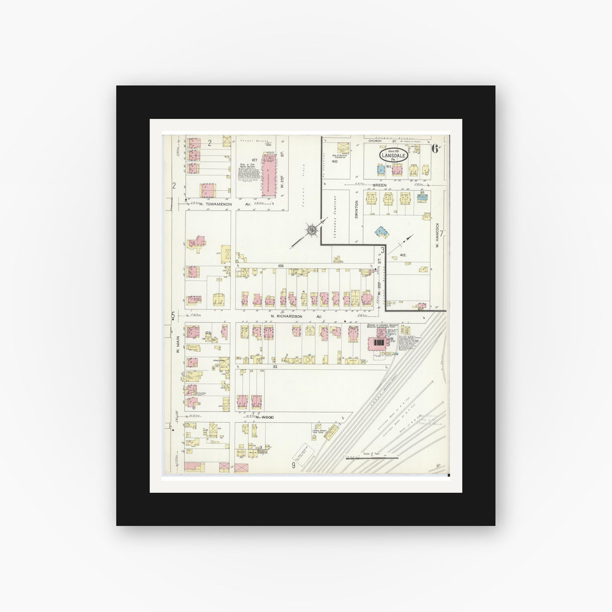 Old map wall art mockup — black gallery frame with white mat — Sanborn Fire Insurance Map from Lansdale, Montgomery County, Pennsylvania (1914), Sheet #0006