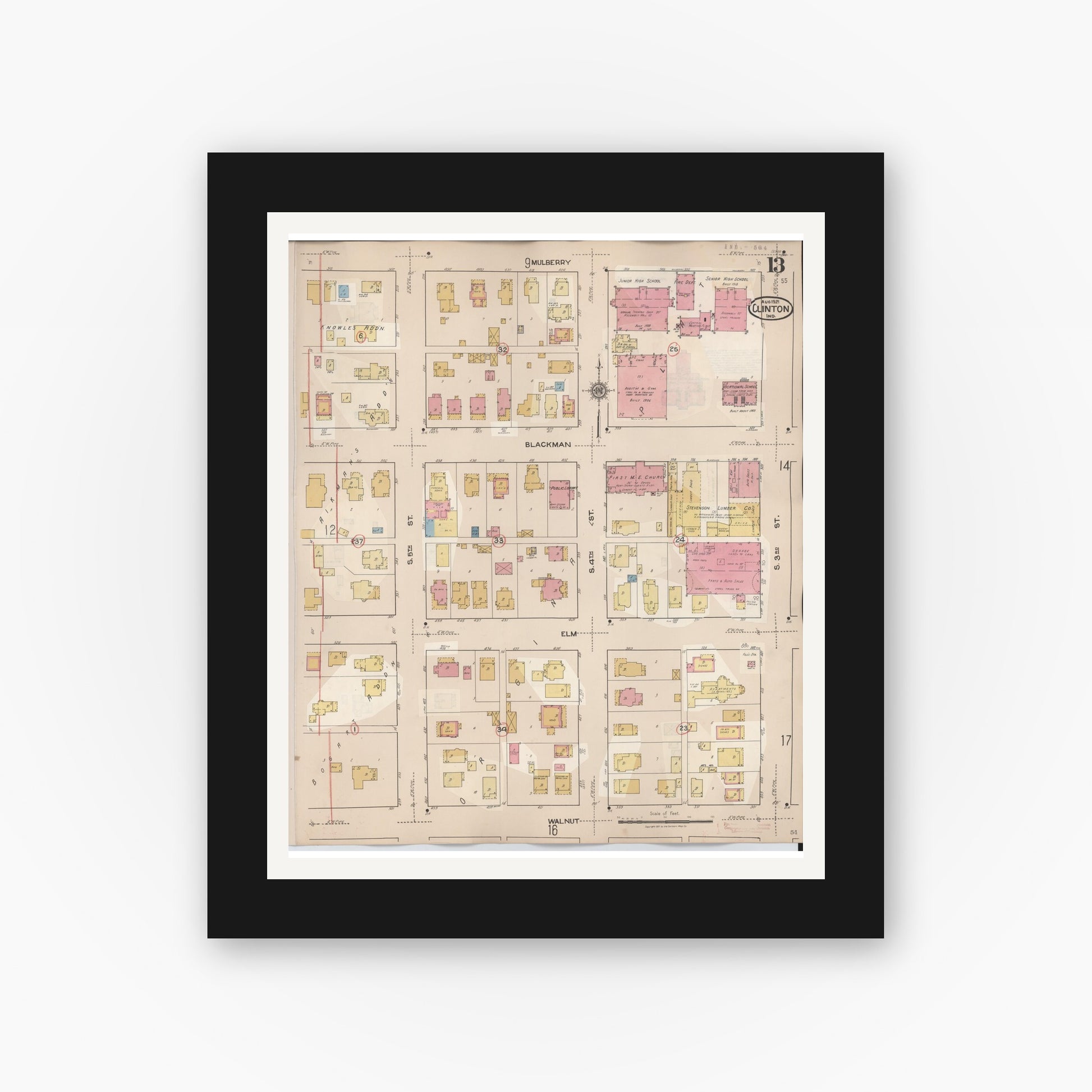 Old map wall art mockup — black gallery frame with white mat — Sanborn Fire Insurance Map from Clinton, Vermillion County, Indiana (1947), Sheet #0013