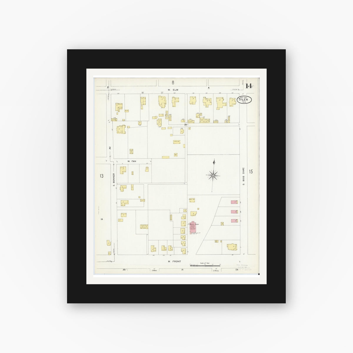Old map wall art mockup — black gallery frame with white mat — Sanborn Fire Insurance Map from Tyler, Smith County, Texas (1907), Sheet #0014