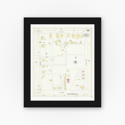 Old map wall art mockup — black gallery frame with white mat — Sanborn Fire Insurance Map from Tyler, Smith County, Texas (1907), Sheet #0014