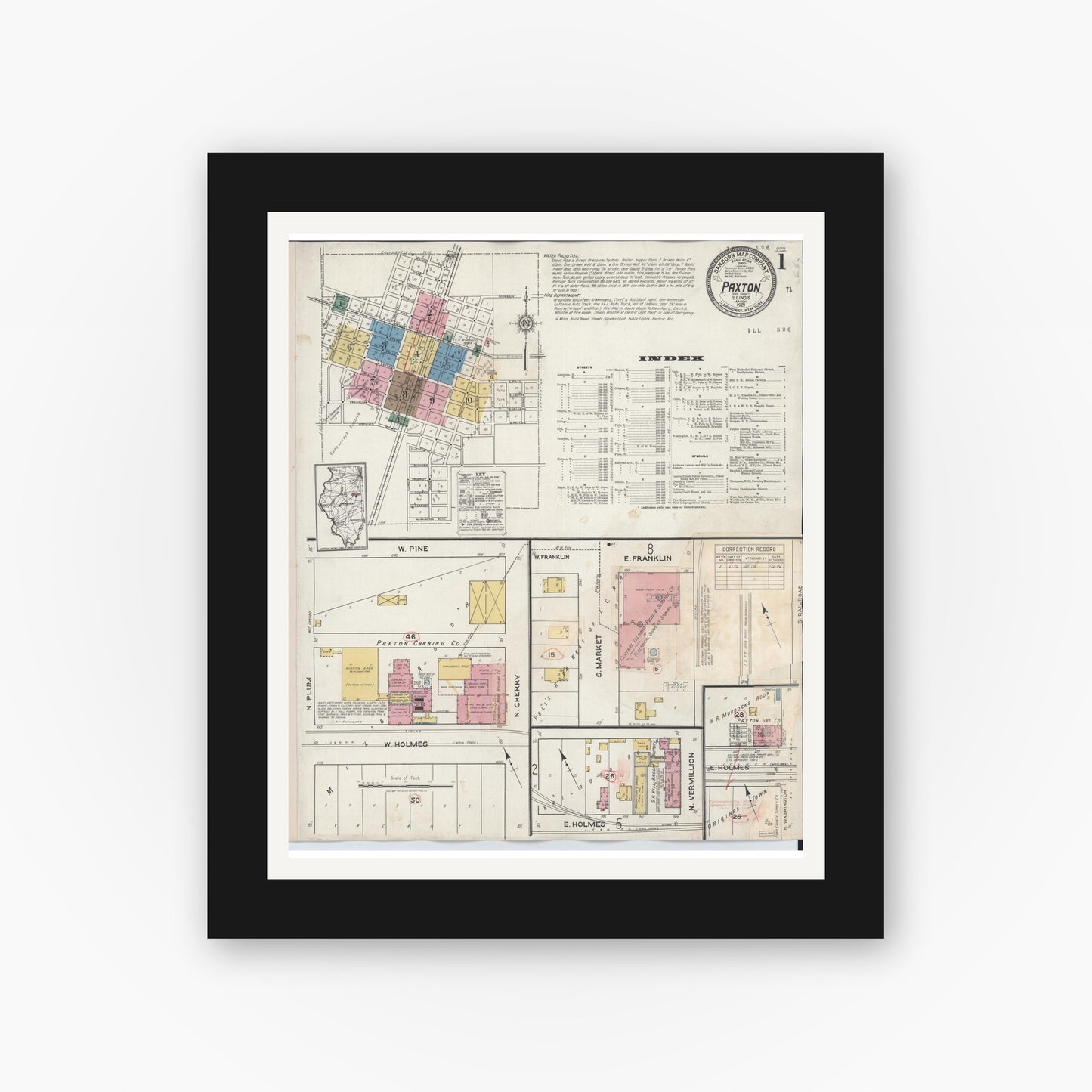 Old map wall art mockup — black gallery frame with white mat — Sanborn Fire Insurance Map from Paxton, Ford County, Illinois (1932) - Complete Map Set