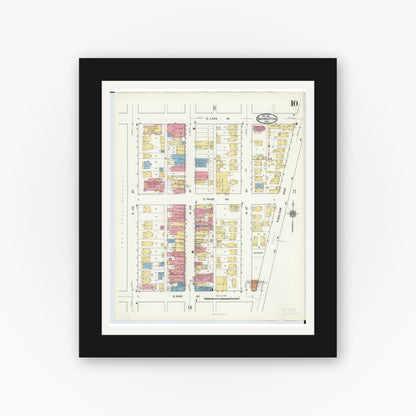 Old map wall art mockup — black gallery frame with white mat — Sanborn Fire Insurance Map from Barberton, Summit County, Ohio (1916), Sheet #0010