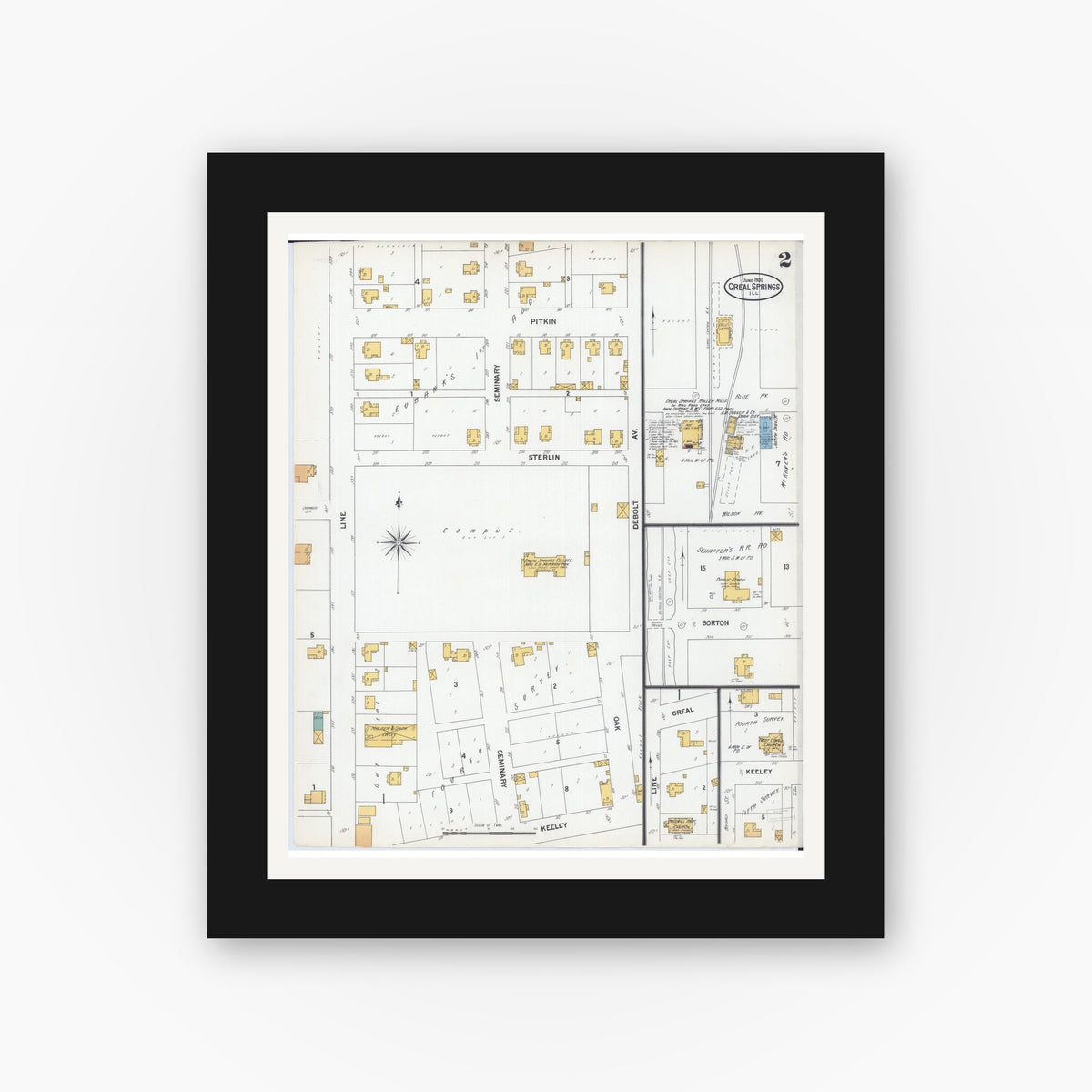 Old map wall art mockup — black gallery frame with white mat — Sanborn Fire Insurance Map from Creal Springs, Williamson County, Illinois (1900), Sheet #0002