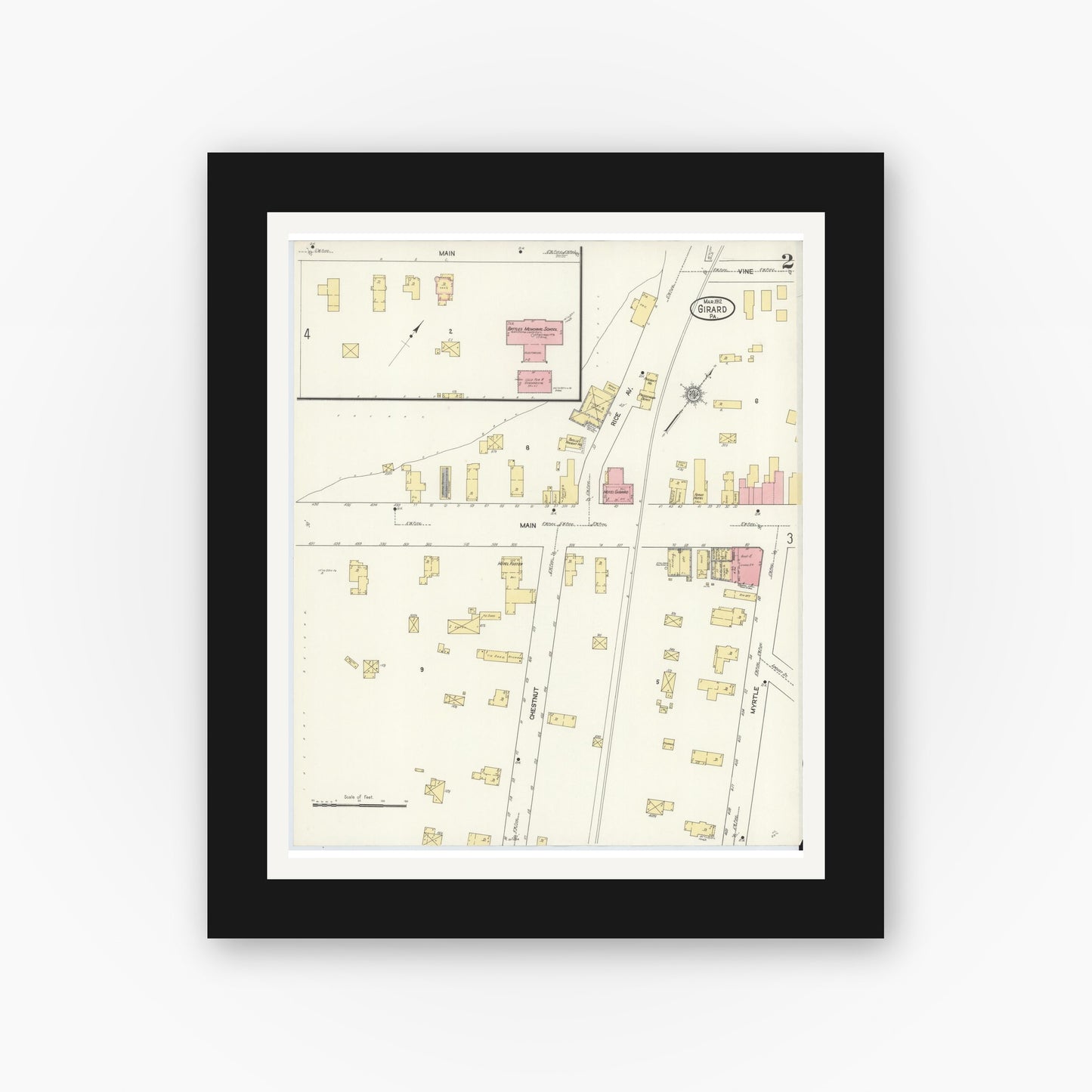 Old map wall art mockup — black gallery frame with white mat — Sanborn Fire Insurance Map from Girard, Erie County, Pennsylvania (1912), Sheet #0002