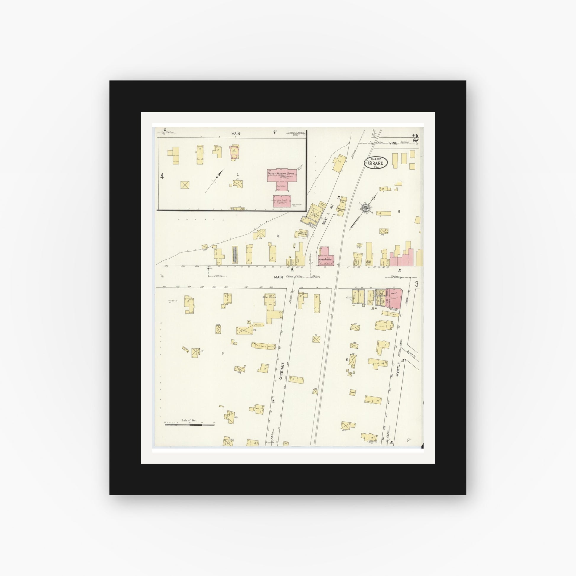 Old map wall art mockup — black gallery frame with white mat — Sanborn Fire Insurance Map from Girard, Erie County, Pennsylvania (1912), Sheet #0002