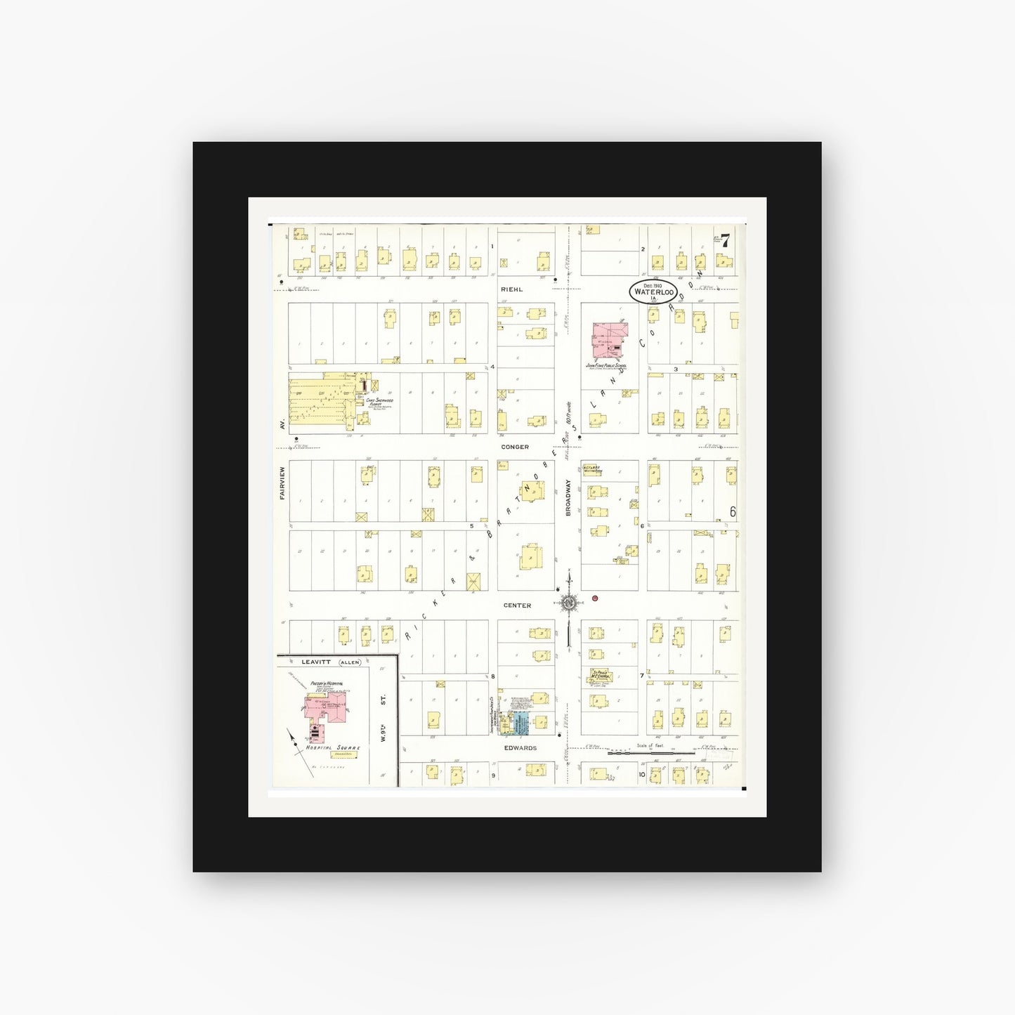 Old map wall art mockup — black gallery frame with white mat — Sanborn Fire Insurance Map from Waterloo, Black Hawk County, Iowa (1910), Sheet #0007