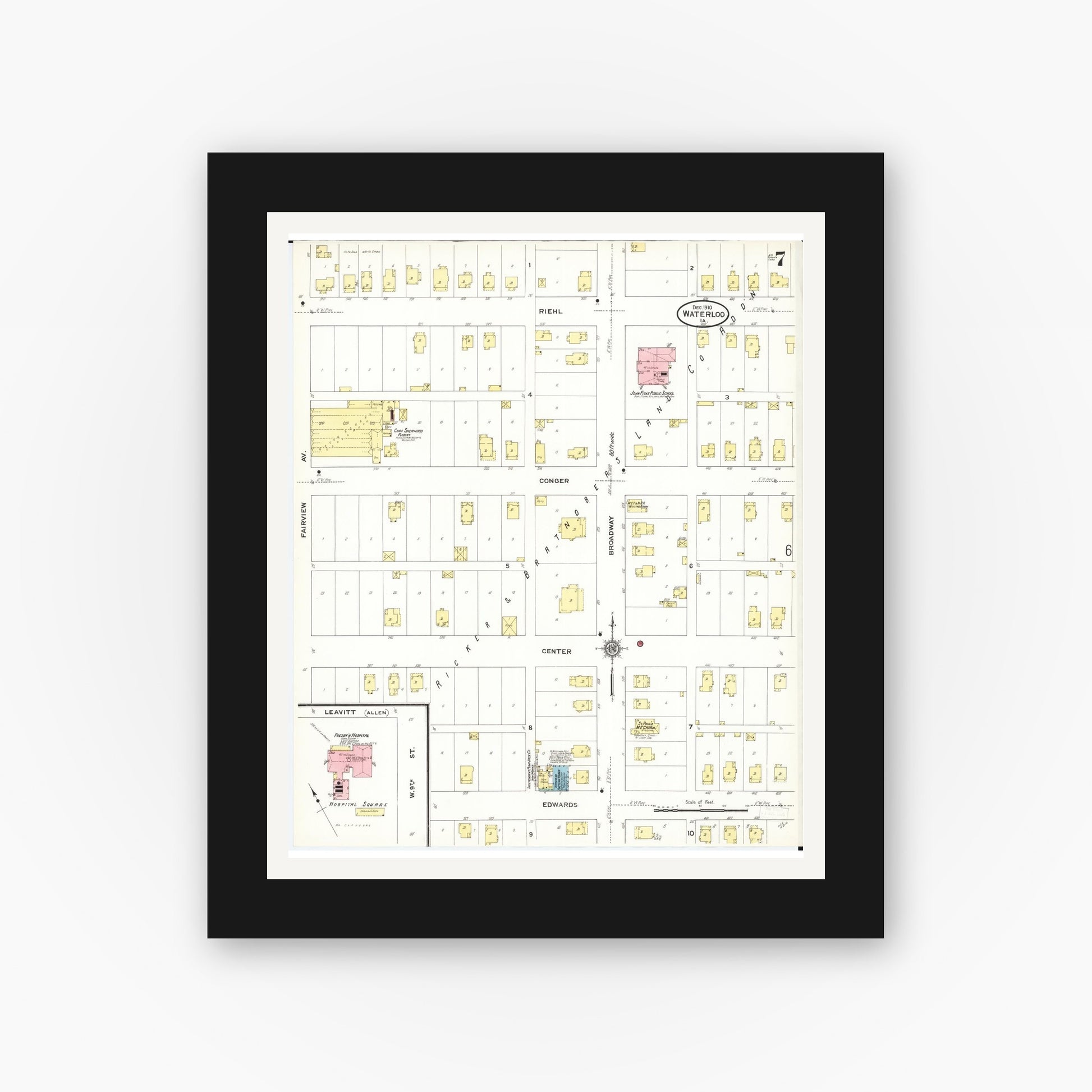 Old map wall art mockup — black gallery frame with white mat — Sanborn Fire Insurance Map from Waterloo, Black Hawk County, Iowa (1910), Sheet #0007