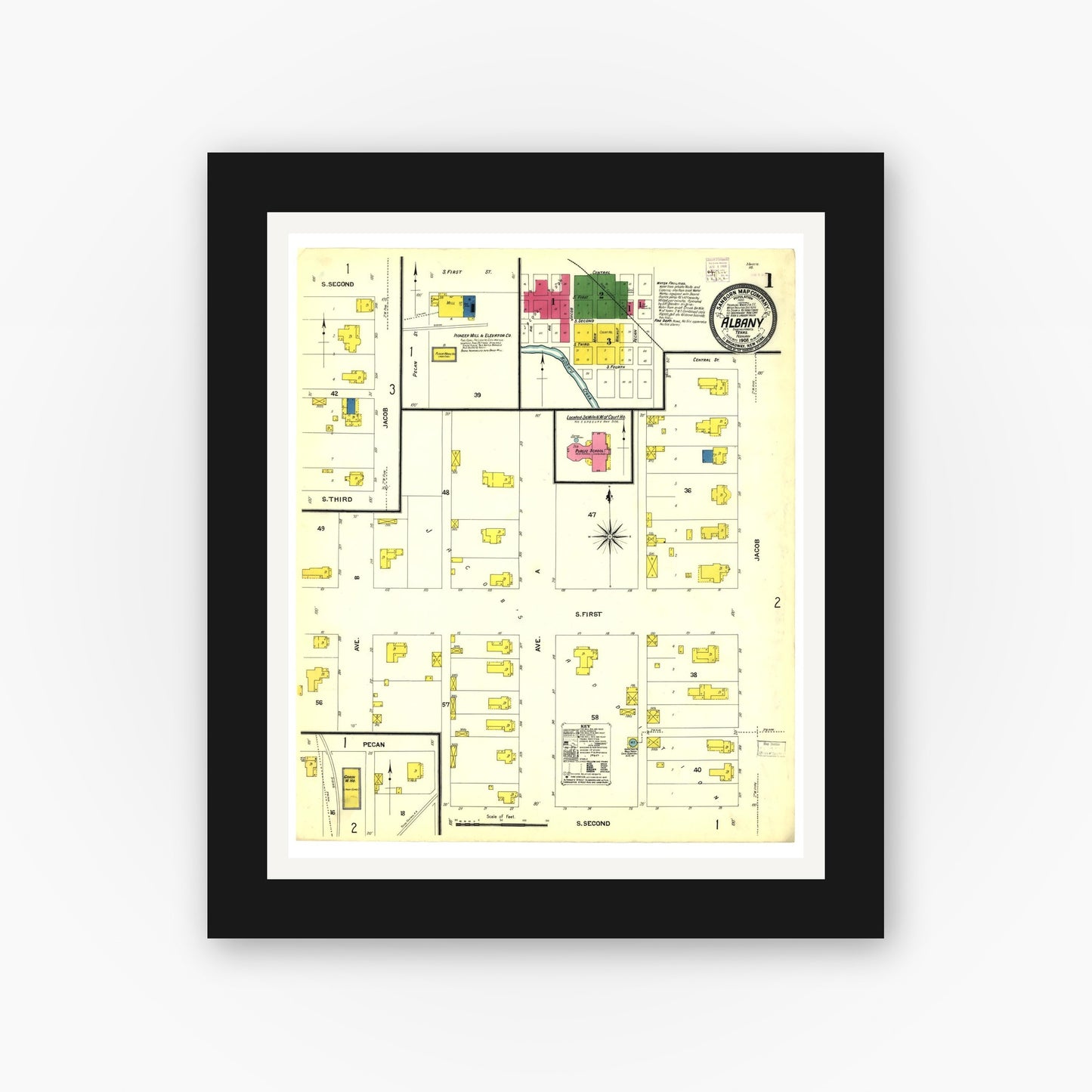 Old map wall art mockup — black gallery frame with white mat — Sanborn Fire Insurance Map from Albany, Shackelford County, Texas (1908), Sheet #0001