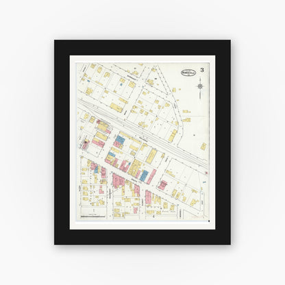 Old map wall art mockup — black gallery frame with white mat — Sanborn Fire Insurance Map from Monroeville, Allen County, Indiana (1916), Sheet #0003