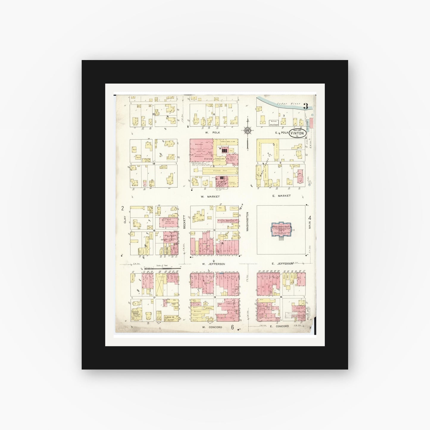 Old map wall art mockup — black gallery frame with white mat — Sanborn Fire Insurance Map from Vinton, Benton County, Iowa (1913), Sheet #0003