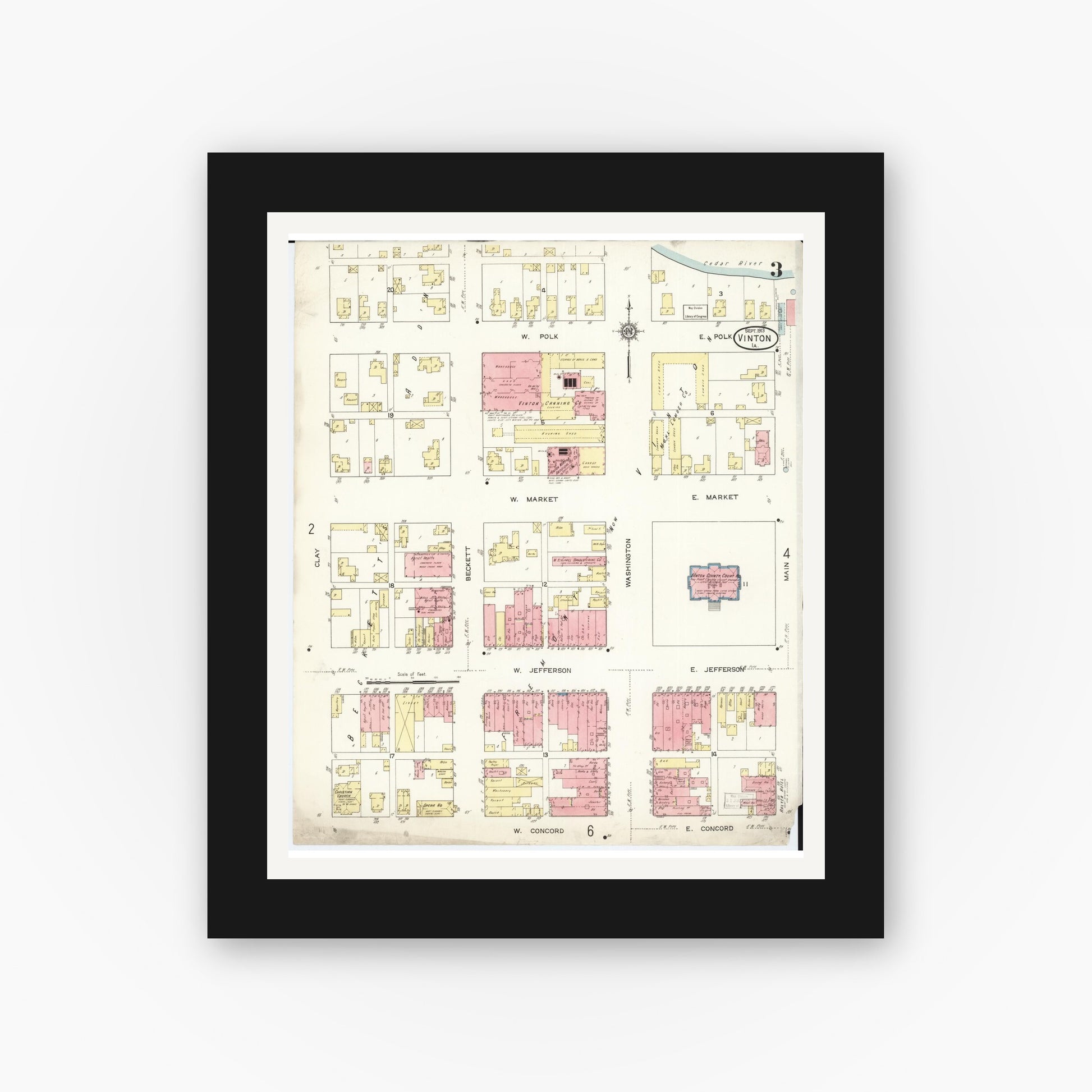 Old map wall art mockup — black gallery frame with white mat — Sanborn Fire Insurance Map from Vinton, Benton County, Iowa (1913), Sheet #0003