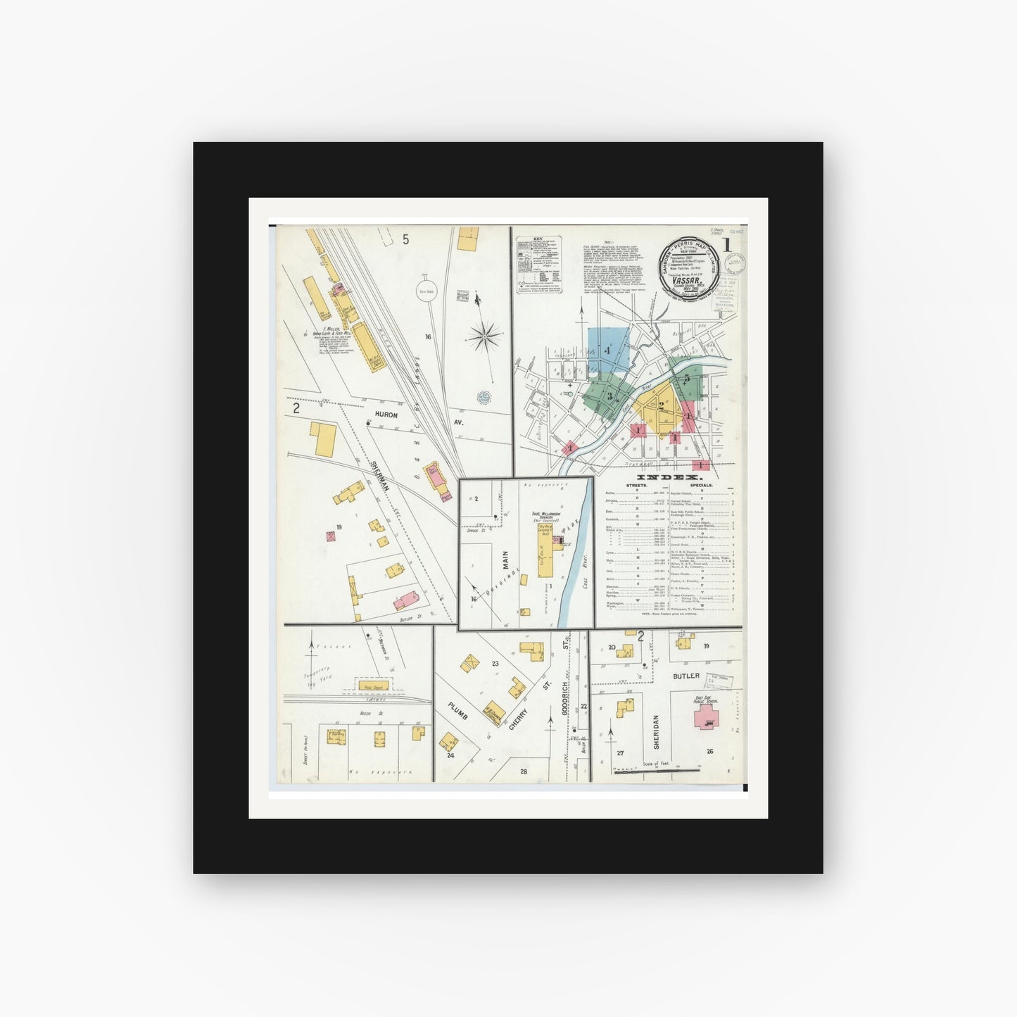 Old map wall art mockup — black gallery frame with white mat — Sanborn Fire Insurance Map from Vassar, Tuscola County, Michigan (1900), Sheet #0001