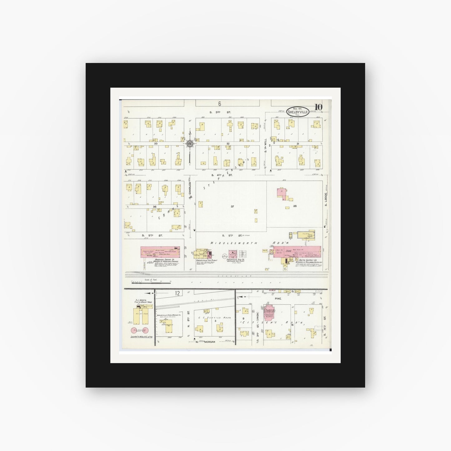 Old map wall art mockup — black gallery frame with white mat — Sanborn Fire Insurance Map from Shelbyville, Shelby County, Illinois (1911), Sheet #0010