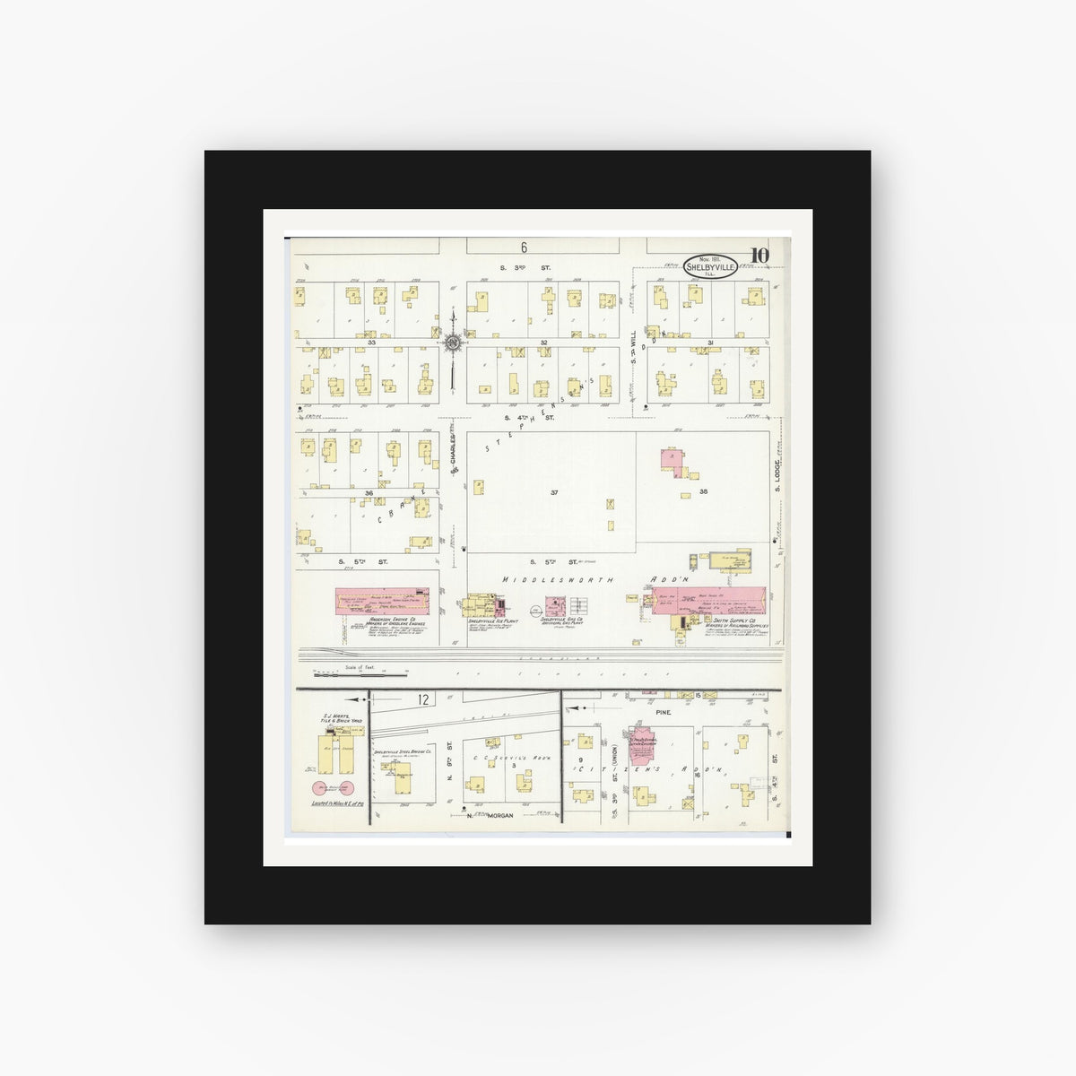Old map wall art mockup — black gallery frame with white mat — Sanborn Fire Insurance Map from Shelbyville, Shelby County, Illinois (1911), Sheet #0010