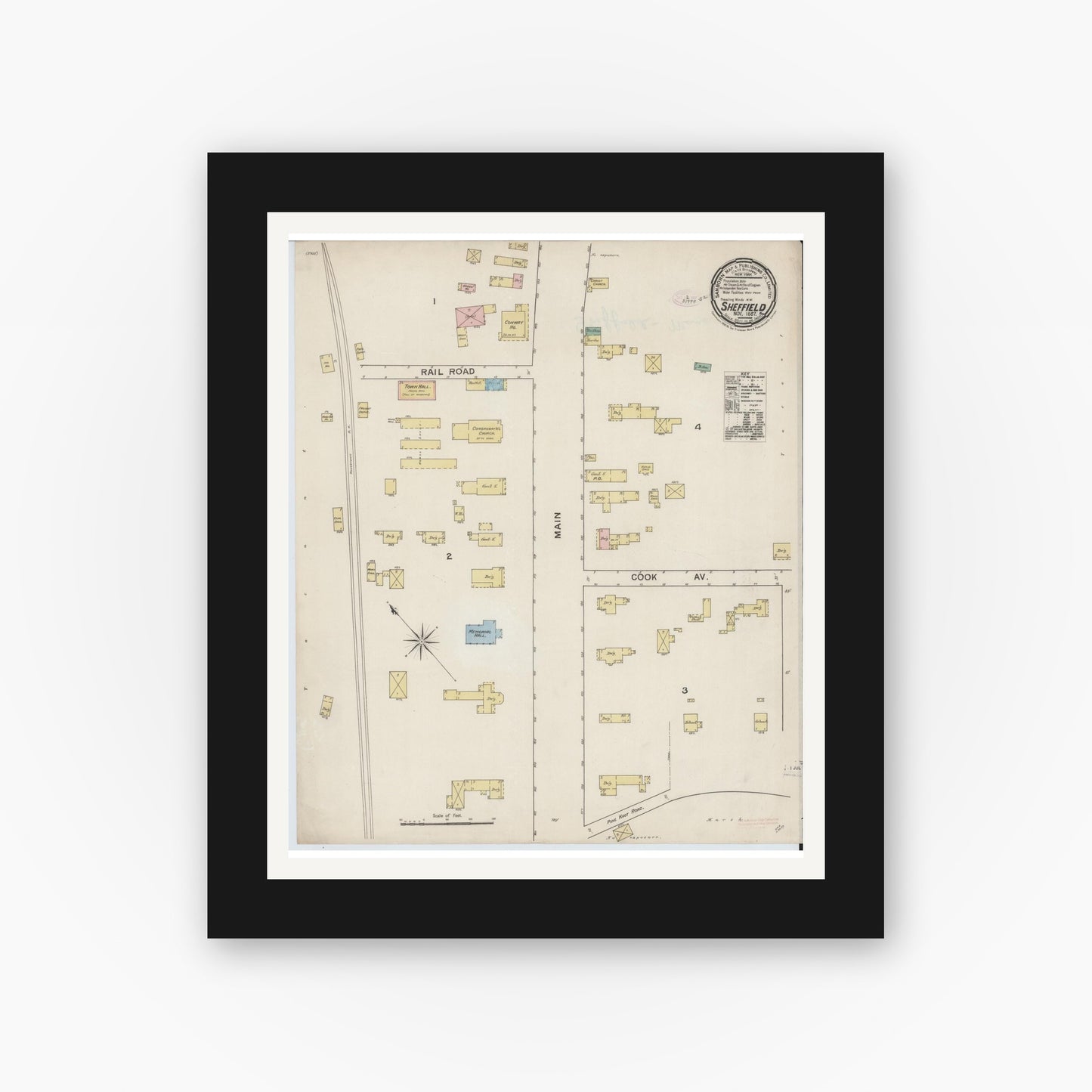 Old map wall art mockup — black gallery frame with white mat — Sanborn Fire Insurance Map from Sheffield, Berkshire County, Massachusetts (1887), Sheet #0001