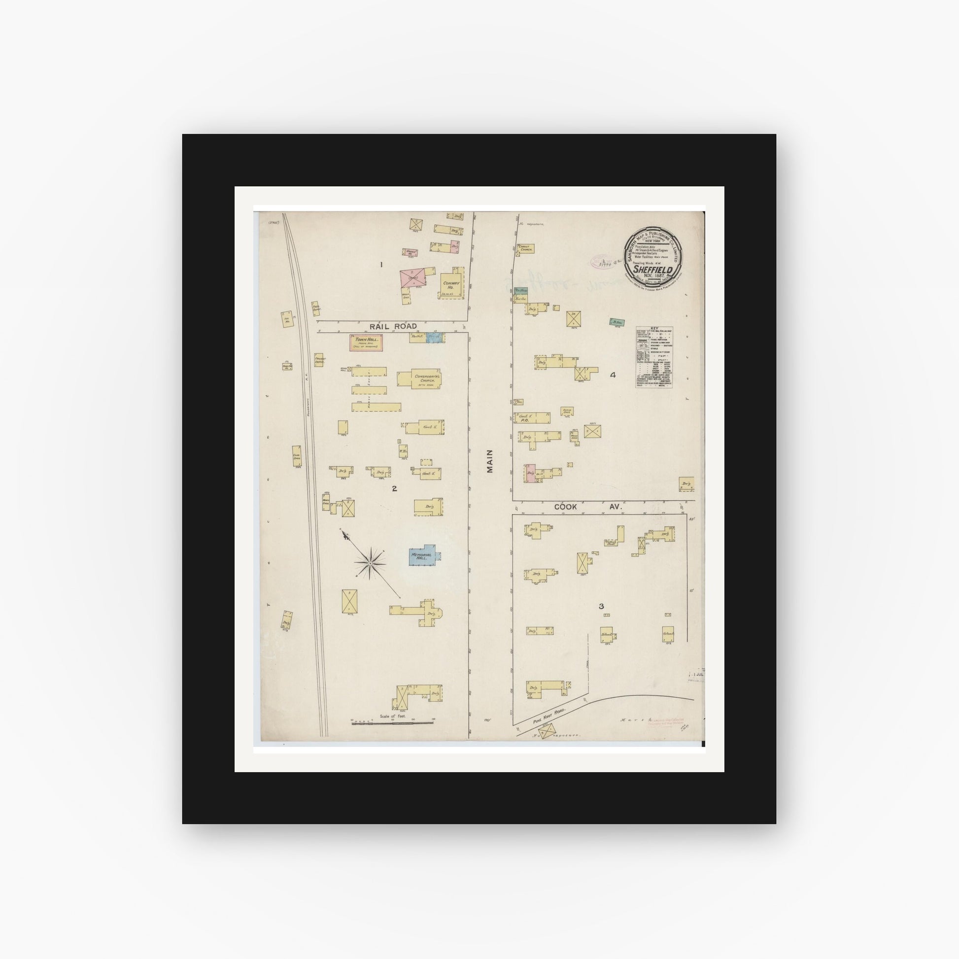 Old map wall art mockup — black gallery frame with white mat — Sanborn Fire Insurance Map from Sheffield, Berkshire County, Massachusetts (1887), Sheet #0001