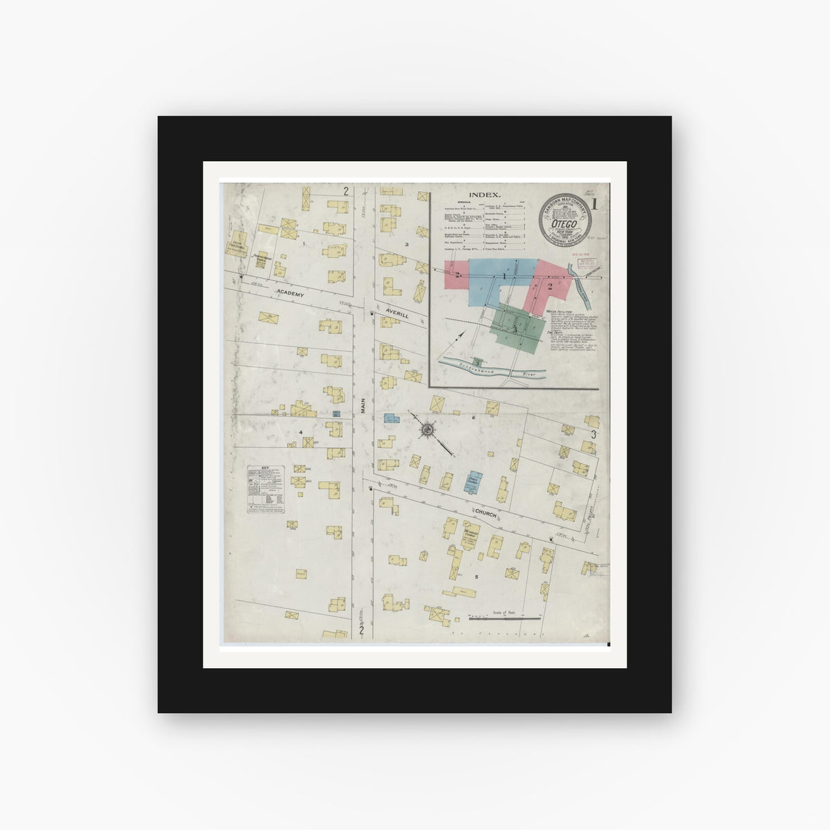 Old map wall art mockup — black gallery frame with white mat — Sanborn Fire Insurance Map from Otego, Otsego County, New York (1910) - Complete Map Set