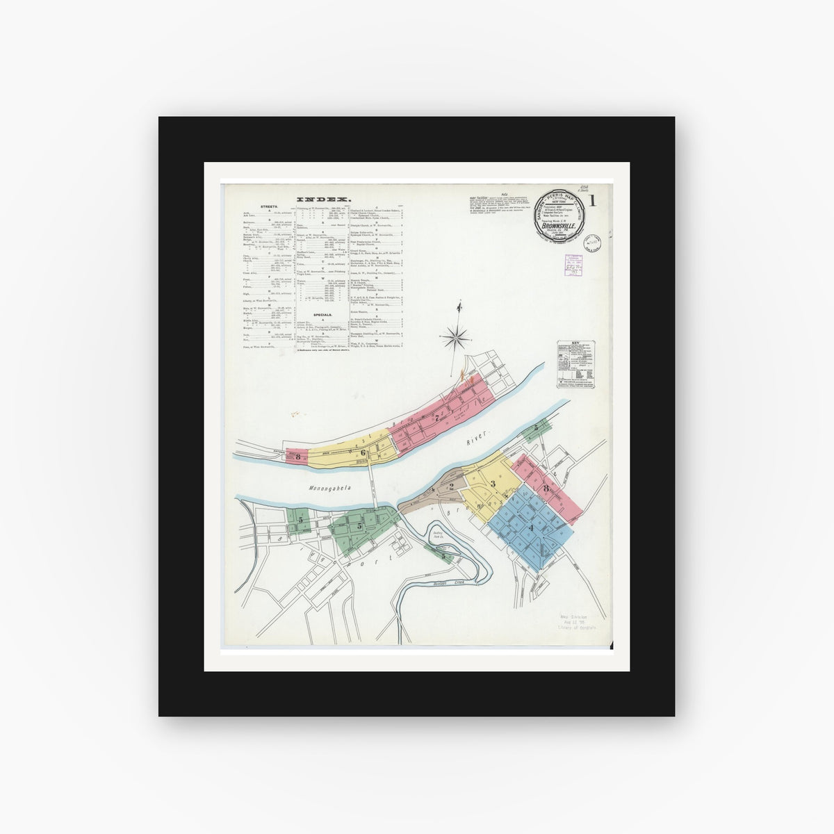 Old map wall art mockup — black gallery frame with white mat — Sanborn Fire Insurance Map from Brownsville, Fayette County, Pennsylvania (1901) - Complete Map Set