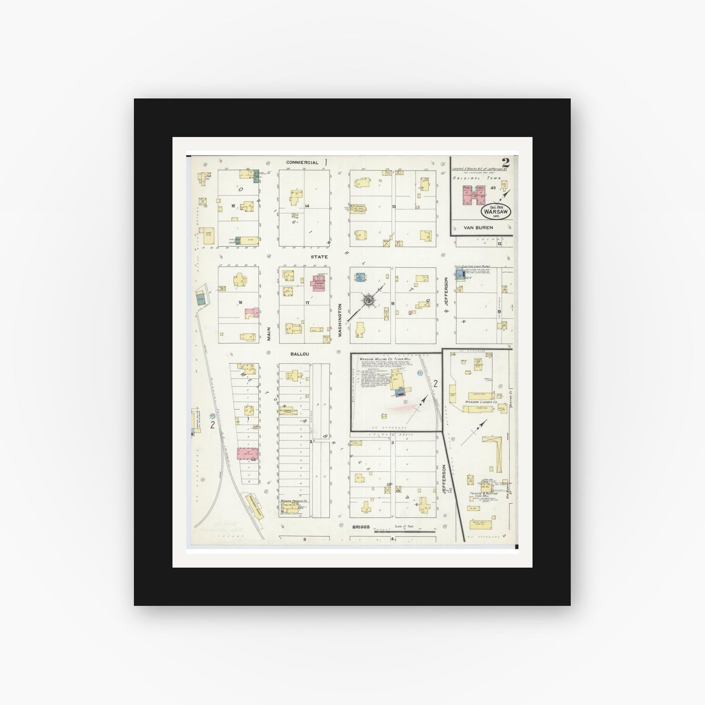 Old map wall art mockup — black gallery frame with white mat — Sanborn Fire Insurance Map from Warsaw, Benton County, Missouri (1909), Sheet #0002