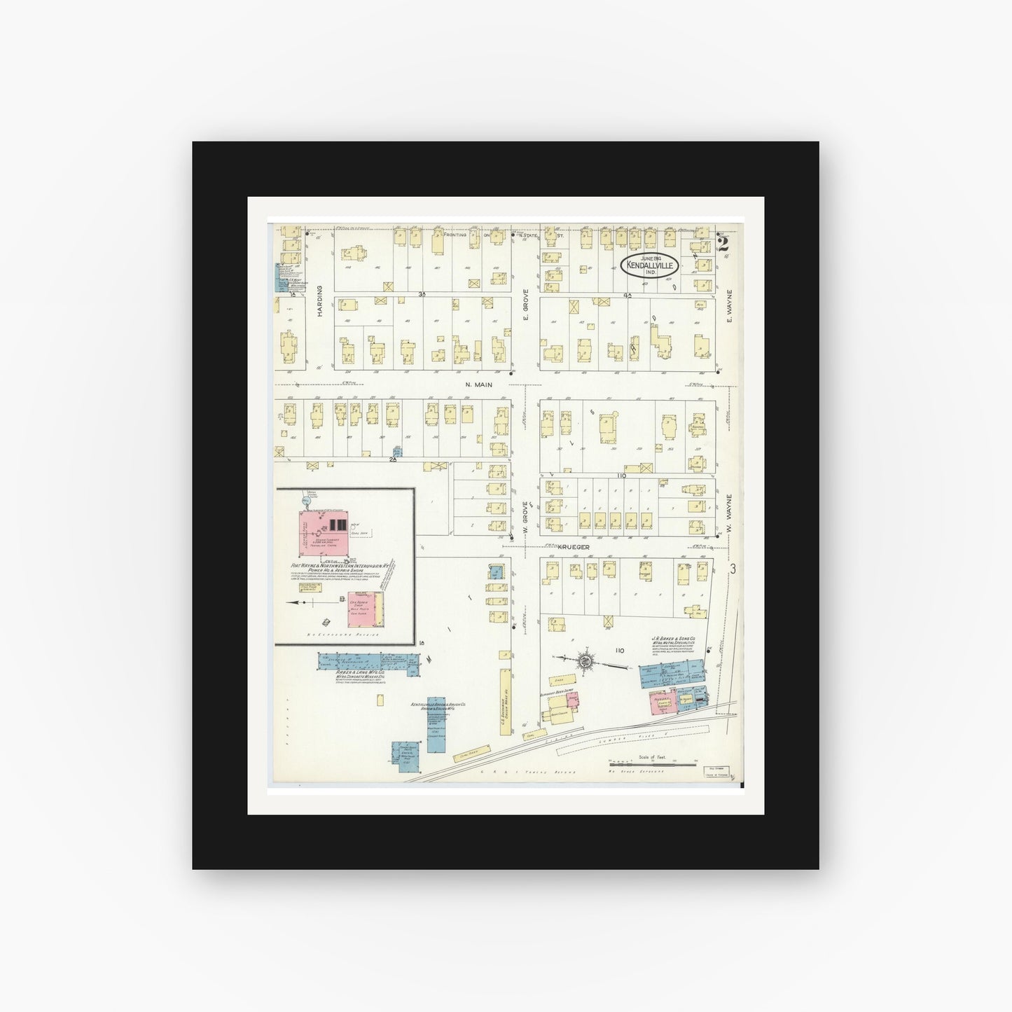 Old map wall art mockup — black gallery frame with white mat — Sanborn Fire Insurance Map from Kendallville, Noble County, Indiana (1914), Sheet #0002