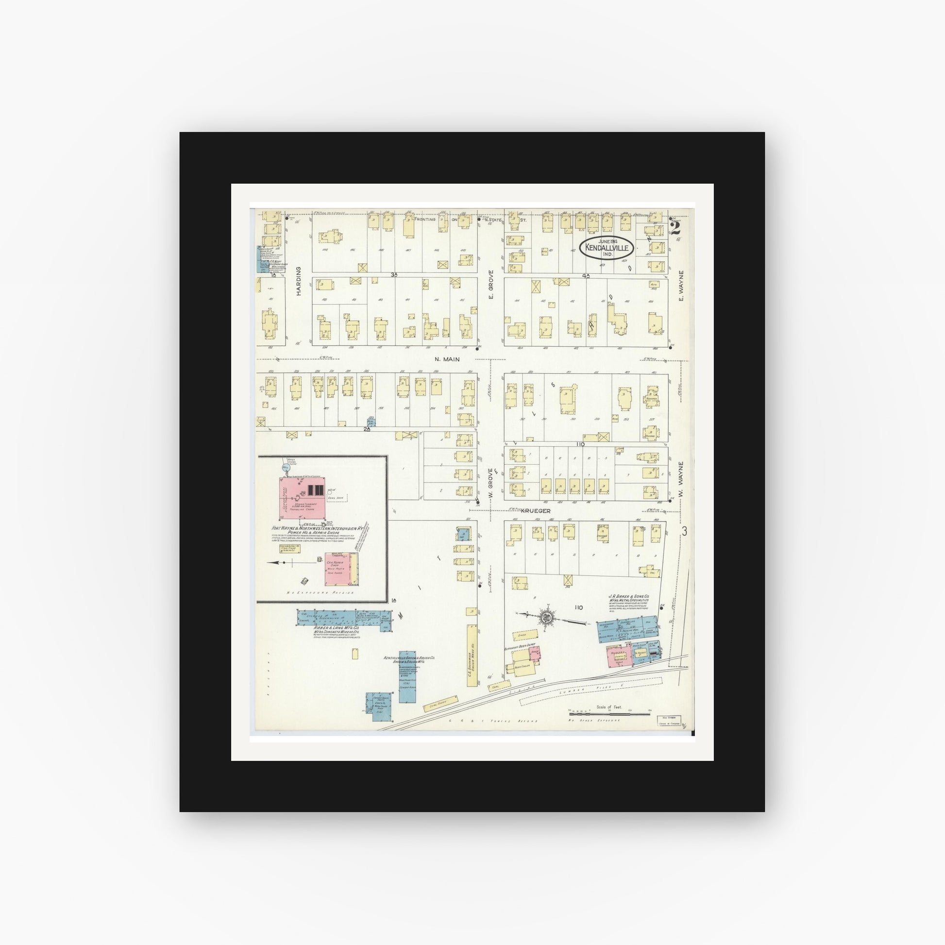 Old map wall art mockup — black gallery frame with white mat — Sanborn Fire Insurance Map from Kendallville, Noble County, Indiana (1914), Sheet #0002