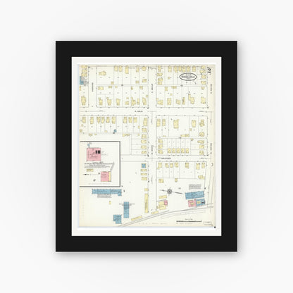 Old map wall art mockup — black gallery frame with white mat — Sanborn Fire Insurance Map from Kendallville, Noble County, Indiana (1914), Sheet #0002