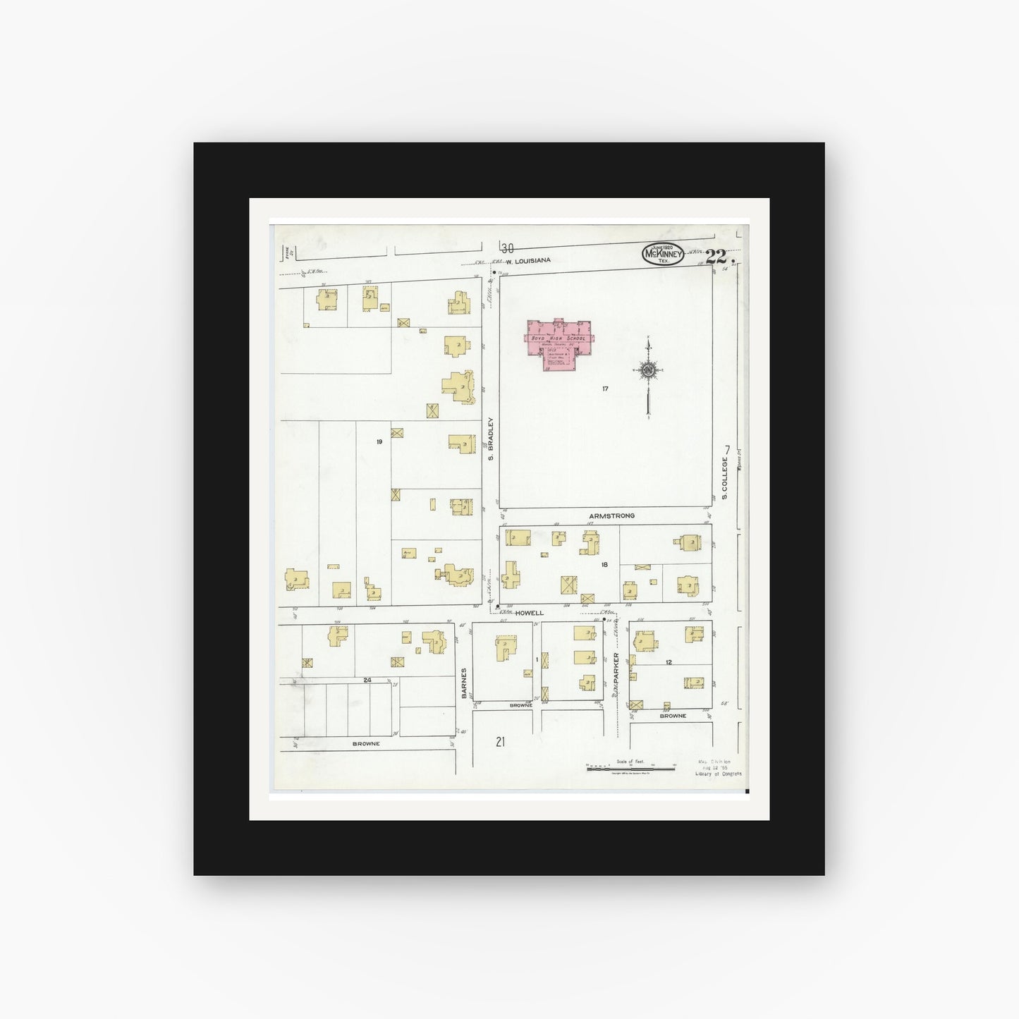 Old map wall art mockup — black gallery frame with white mat — Sanborn Fire Insurance Map from McKinney, Collin County, Texas (1920), Sheet #0022