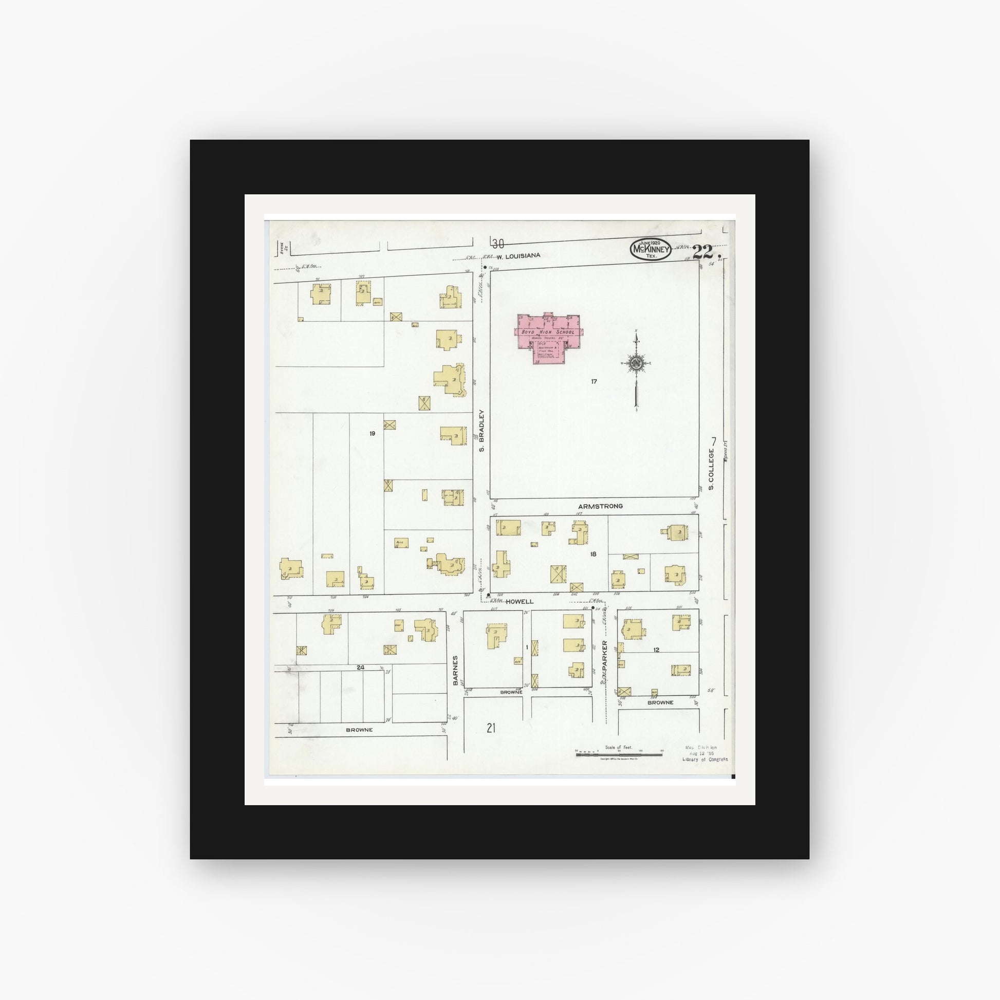 Old map wall art mockup — black gallery frame with white mat — Sanborn Fire Insurance Map from McKinney, Collin County, Texas (1920), Sheet #0022