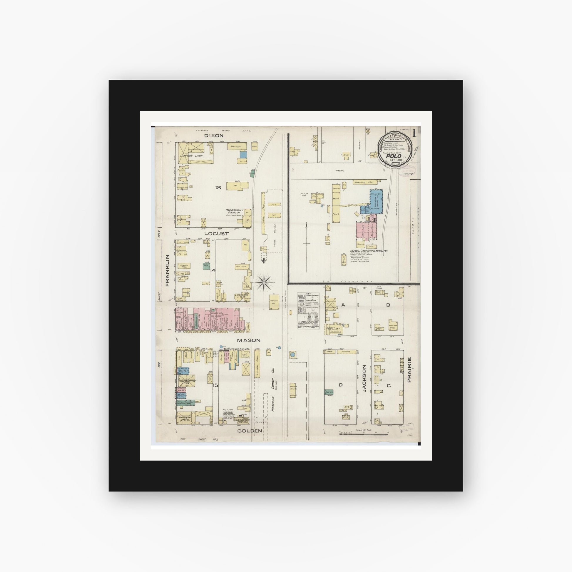 Old map wall art mockup — black gallery frame with white mat — Sanborn Fire Insurance Map from Polo, Ogle County, Illinois (1885) - Complete Map Set