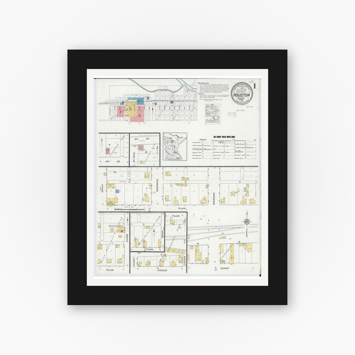 Old map wall art mockup — black gallery frame with white mat — Sanborn Fire Insurance Map from Houston, Houston County, Minnesota (1915) - Complete Map Set