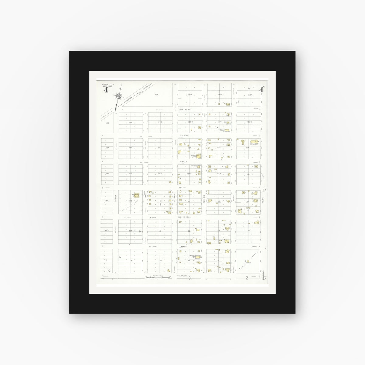 Old map wall art mockup — black gallery frame with white mat — Sanborn Fire Insurance Map from Runge, Karnes County, Texas (1934), Sheet #0004