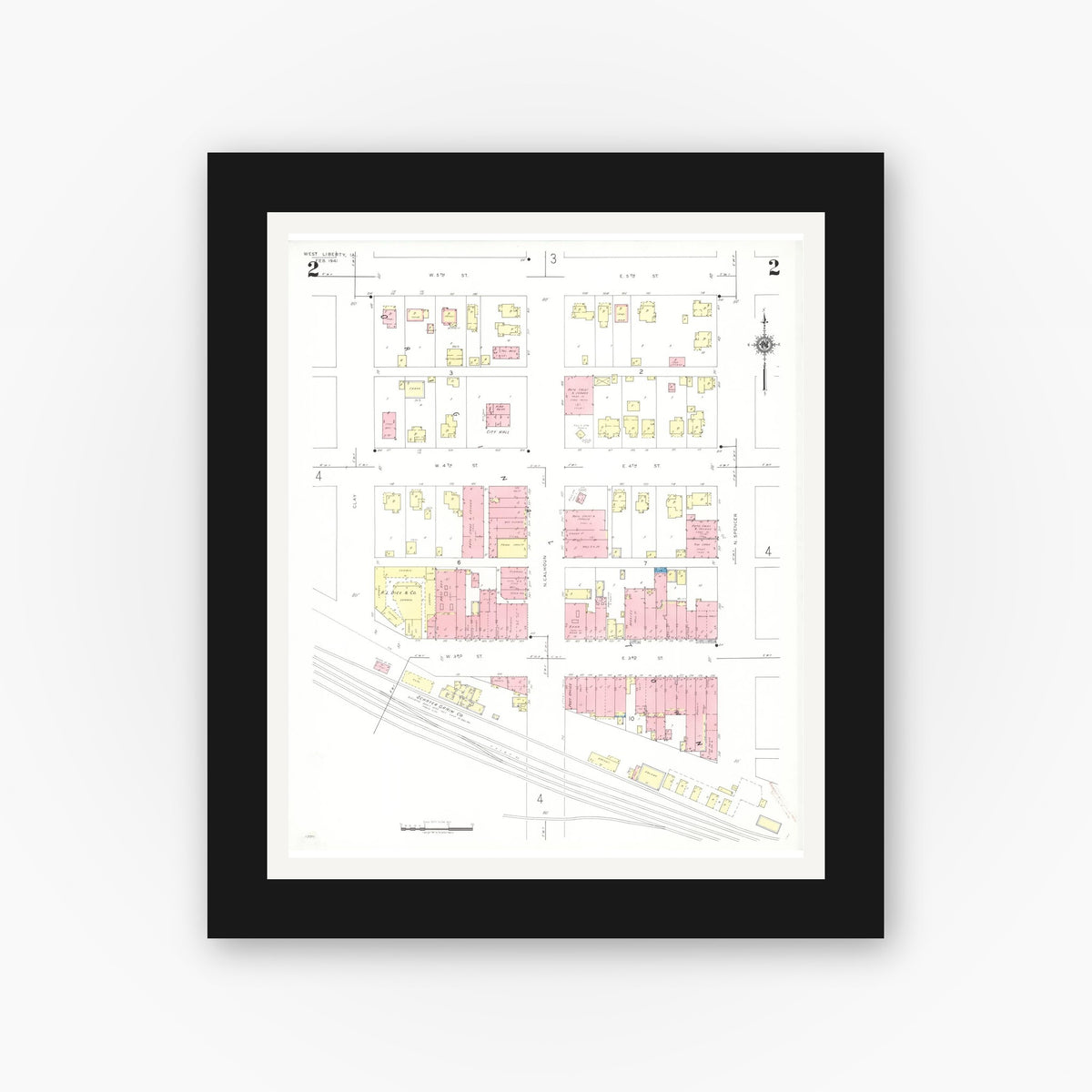 Old map wall art mockup — black gallery frame with white mat — Sanborn Fire Insurance Map from West Liberty, Muscatine County, Iowa (1941), Sheet #0002