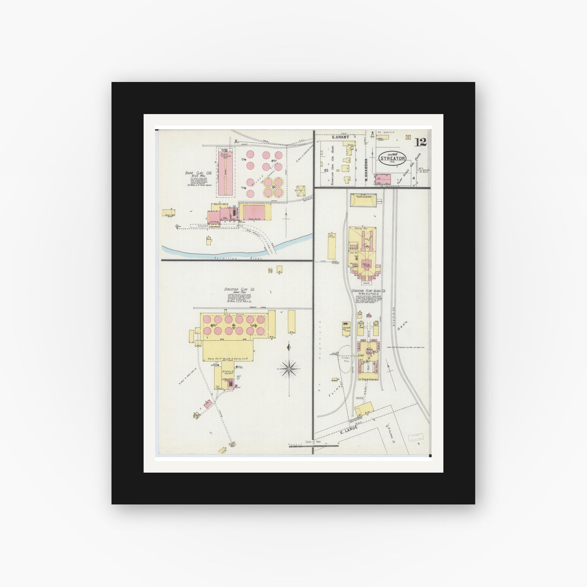 Old map wall art mockup — black gallery frame with white mat — Sanborn Fire Insurance Map from Streator, La Salle County, Illinois (1898), Sheet #0012