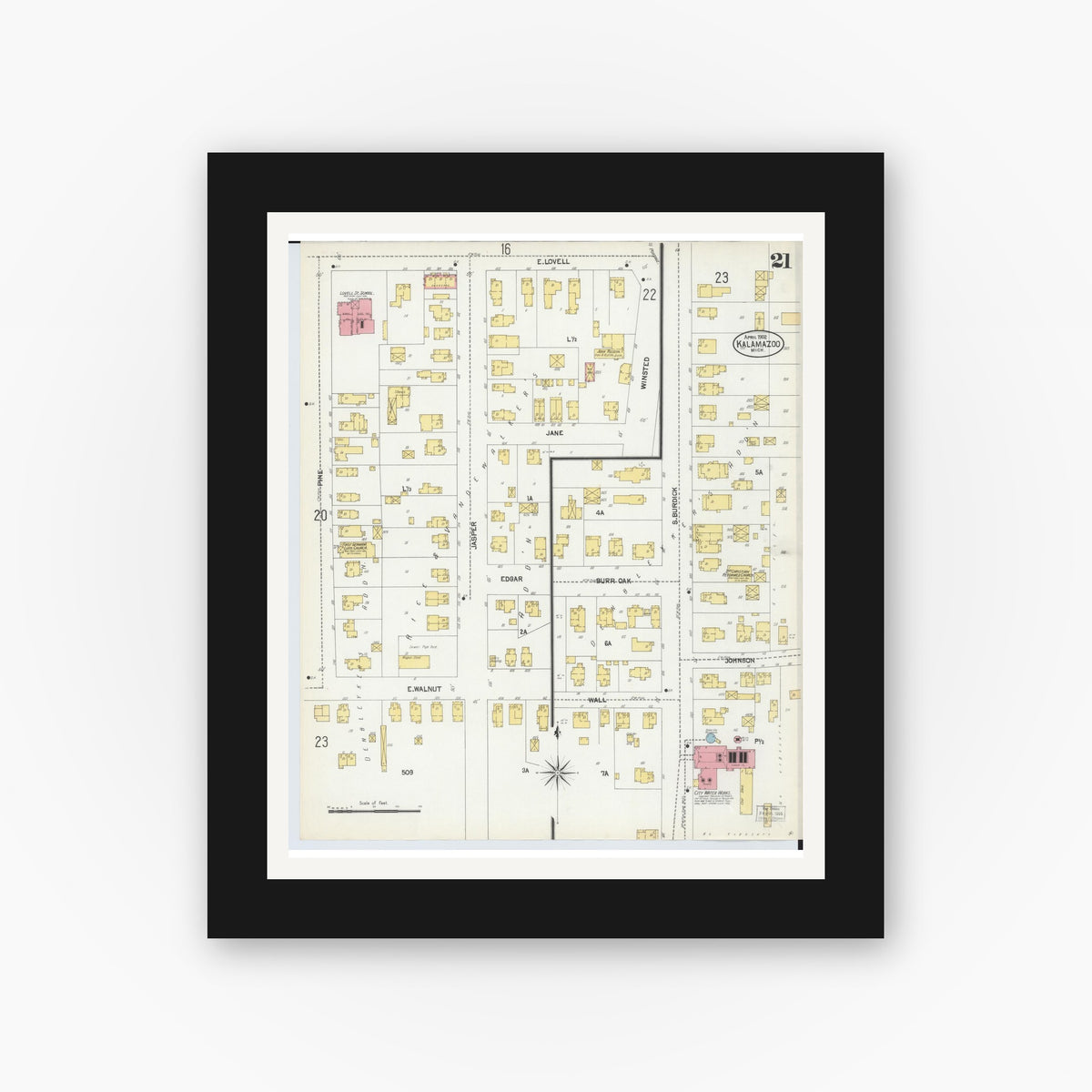 Old map wall art mockup — black gallery frame with white mat — Sanborn Fire Insurance Map from Kalamazoo, Kalamazoo County, Michigan (1902), Sheet #0021