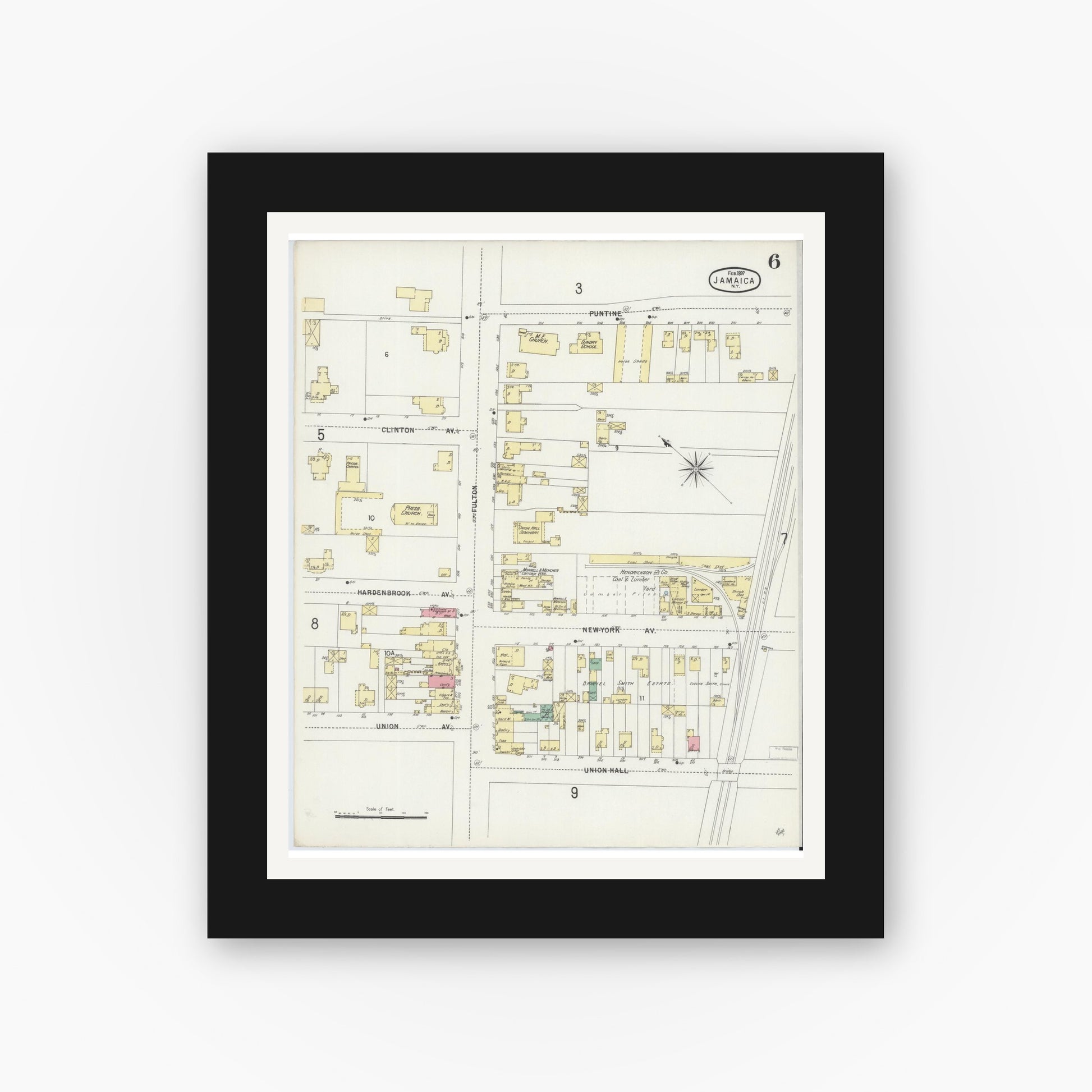 Old map wall art mockup — black gallery frame with white mat — Sanborn Fire Insurance Map from Jamaica, Queens County, New York (1897), Sheet #0006