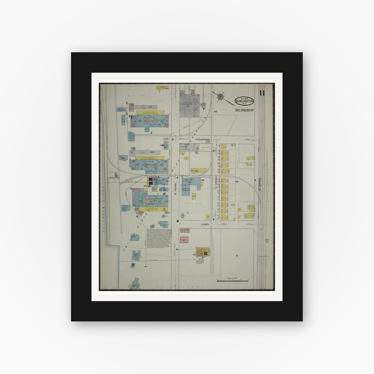 Old map wall art mockup — black gallery frame with white mat — Sanborn Fire Insurance Map from Burlington, Burlington County, New Jersey (1915), Sheet #0011