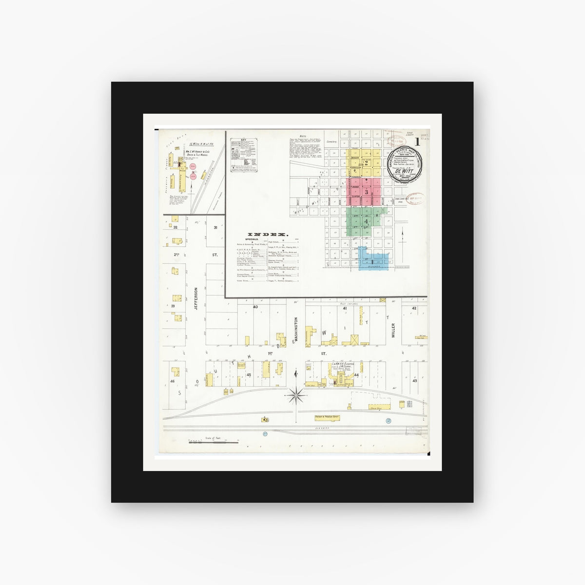 Old map wall art mockup — black gallery frame with white mat — Sanborn Fire Insurance Map from De Witt, Clinton County, Iowa (1899), Sheet #0001