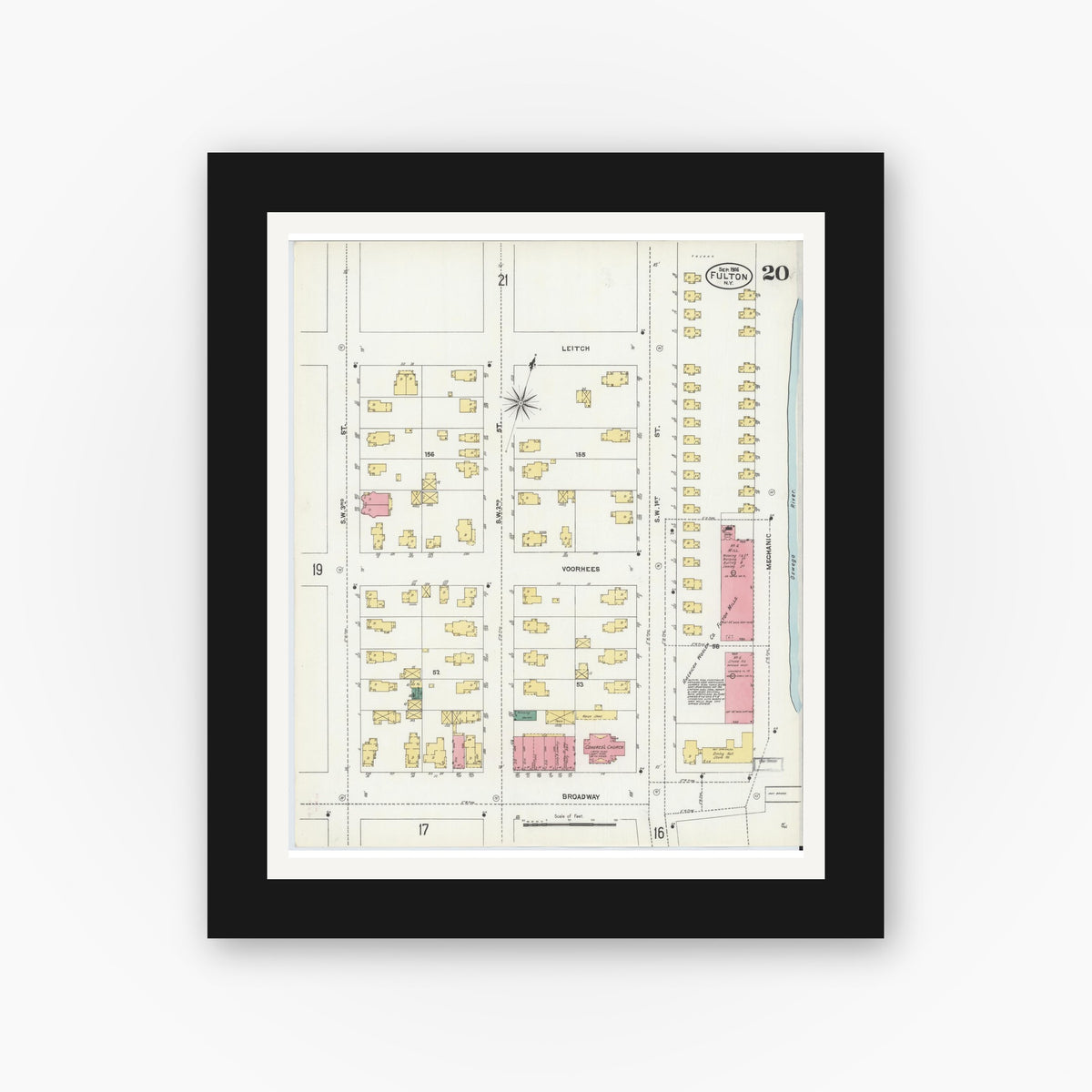 Old map wall art mockup — black gallery frame with white mat — Sanborn Fire Insurance Map from Fulton, Oswego County, New York (1906), Sheet #0020