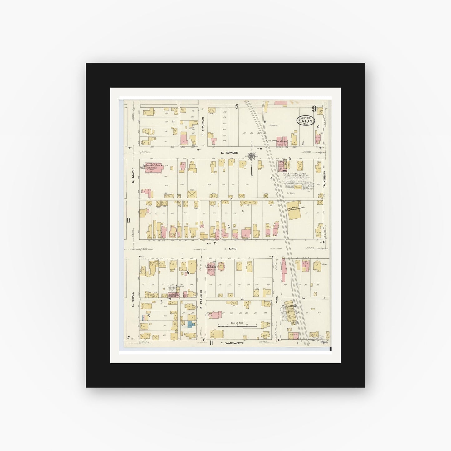 Old map wall art mockup — black gallery frame with white mat — Sanborn Fire Insurance Map from Eaton, Preble County, Ohio (1911), Sheet #0009