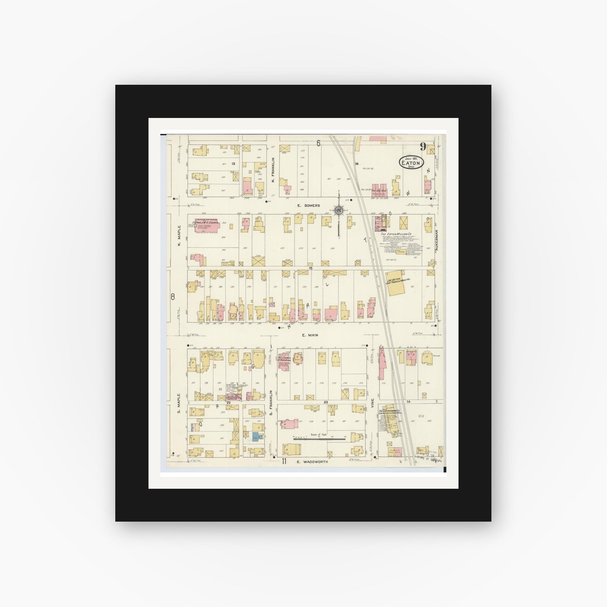 Old map wall art mockup — black gallery frame with white mat — Sanborn Fire Insurance Map from Eaton, Preble County, Ohio (1911), Sheet #0009