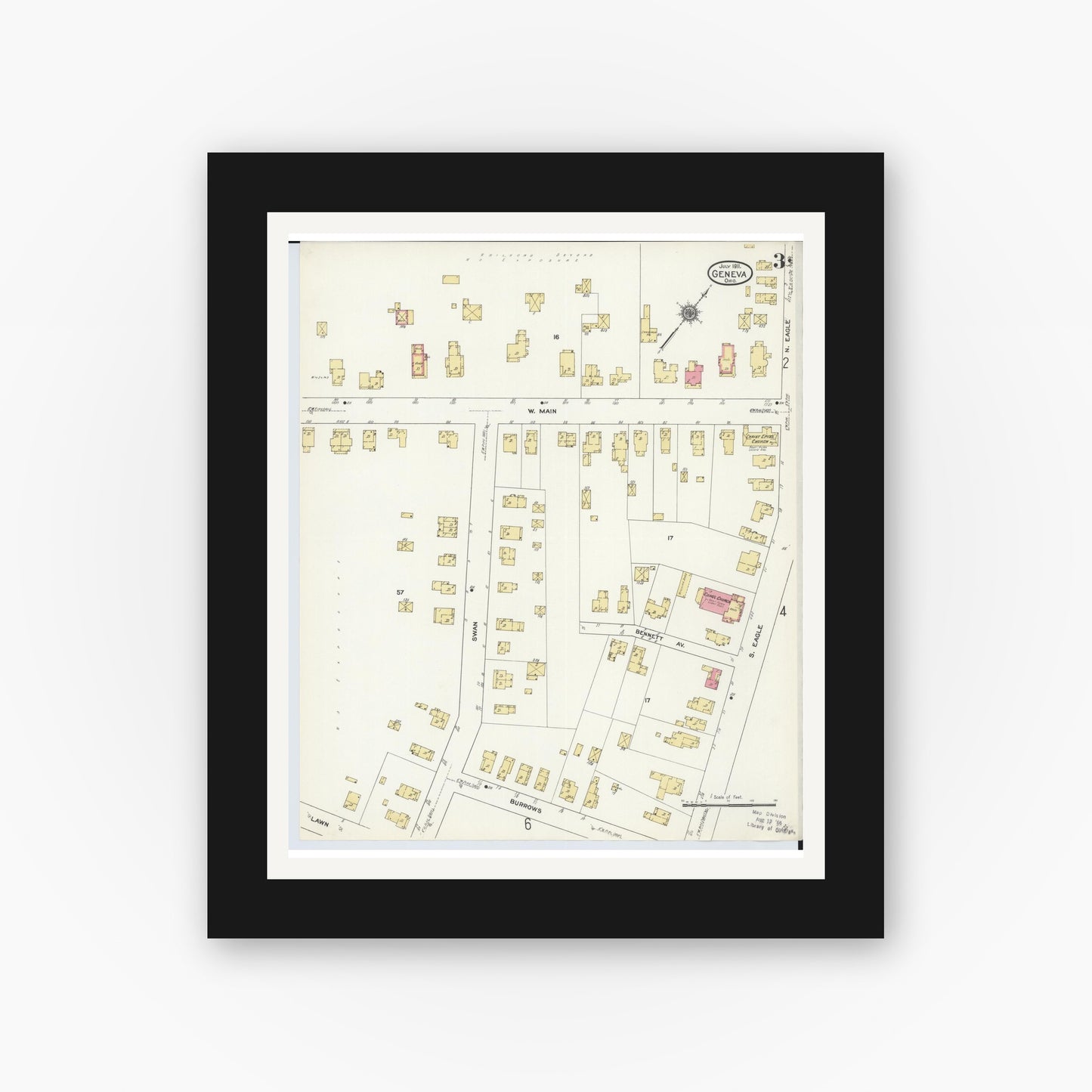 Old map wall art mockup — black gallery frame with white mat — Sanborn Fire Insurance Map from Geneva, Ashtabula County, Ohio (1911), Sheet #0003