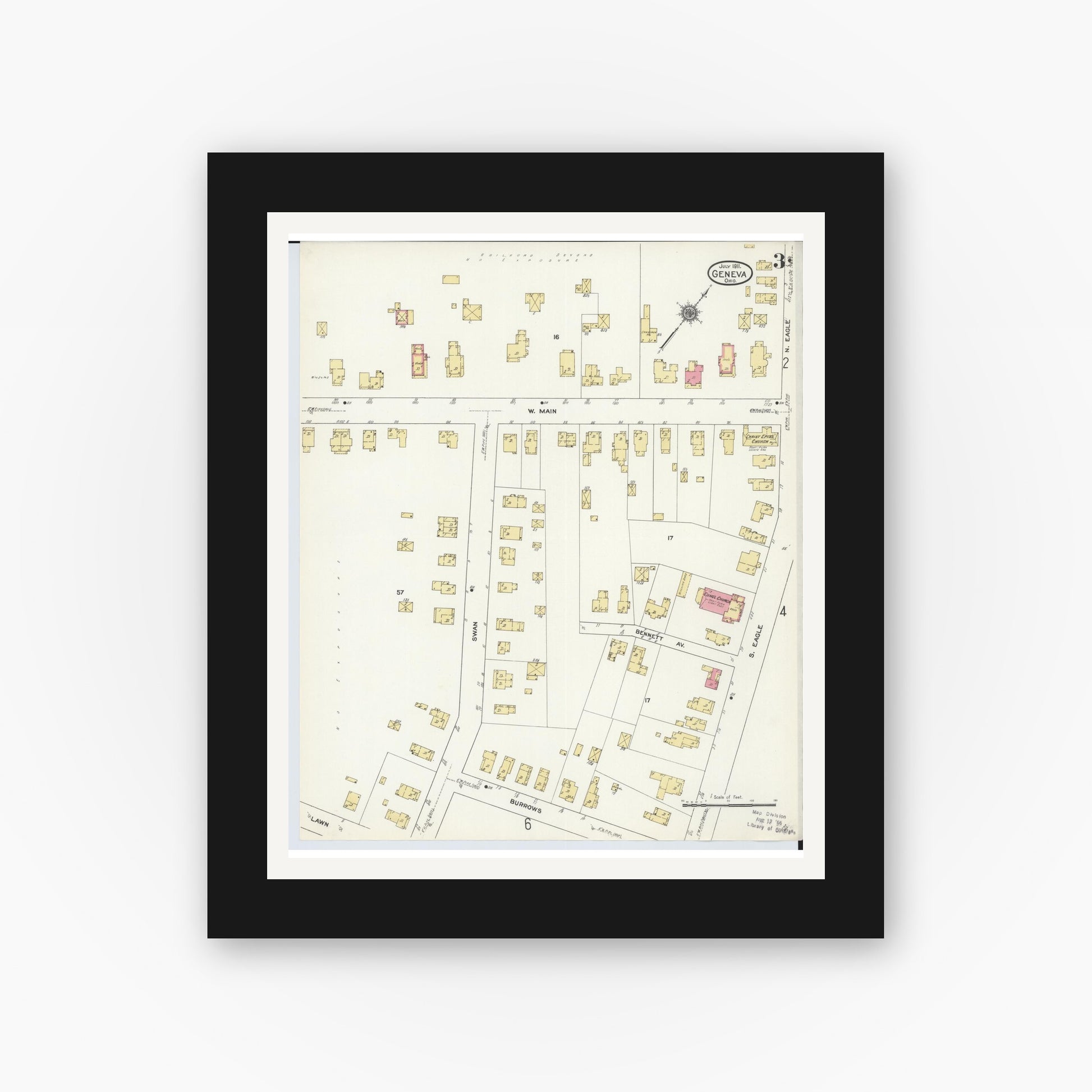 Old map wall art mockup — black gallery frame with white mat — Sanborn Fire Insurance Map from Geneva, Ashtabula County, Ohio (1911), Sheet #0003
